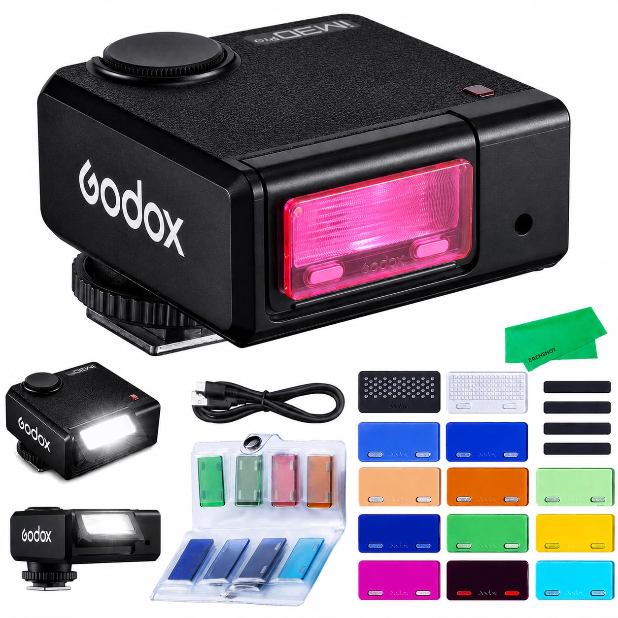 Godox iM30Pro iM30 Pro Flash with MA01 Magnetic Color Filters, Retro Camera Tiltable Mini Speedlite &amp; Honeycomb Grid, Soft Diffuser, 12 Color Gels Combo for Sony ZV-E10/Fujifilm/Ricoh GR3/C/N/L