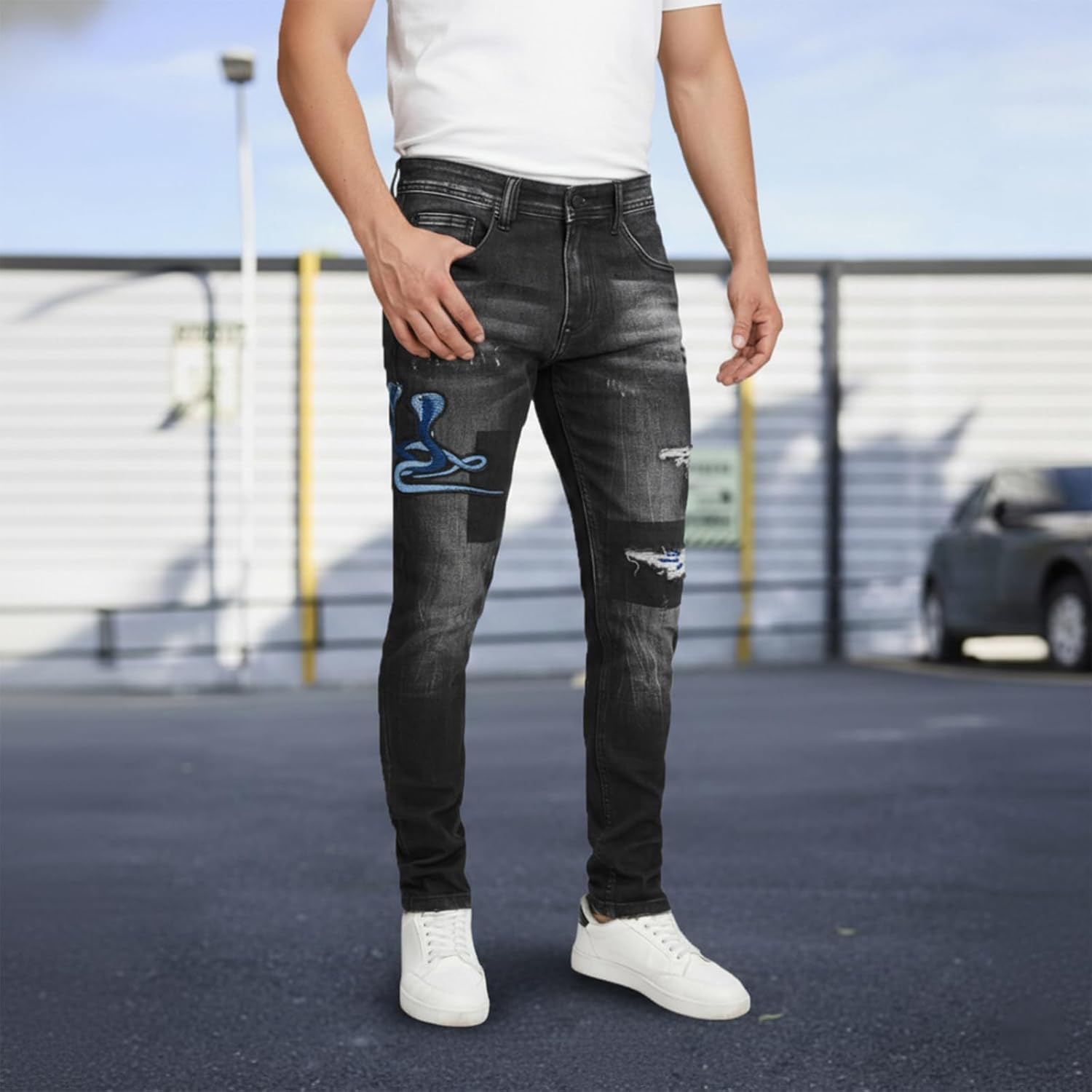 Men's Slim Fit Stretch Jeans Ripped Skinny Jeans for Men, Casual Straight Leg Streetwear Comfort Male Pants - Image 2