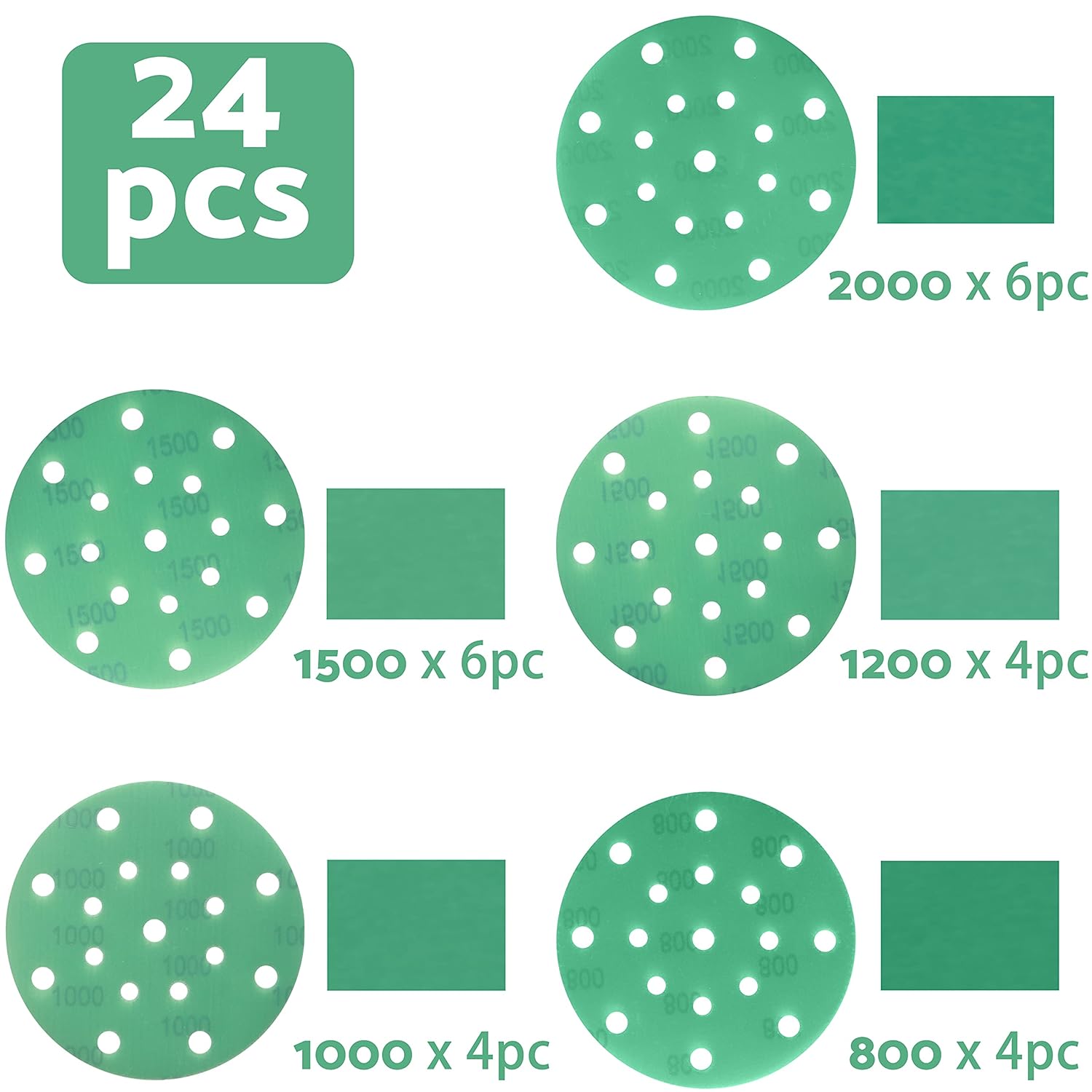 6 inch Sanding Discs Hook and Loop, 800 1000 1200 1500 2000 High Grit 24 pc, Durable Assorted Round Sand Paper Pad for Fine Sanding/Polishing with Power Orbital Sander, Tack Cloth by S&F STEAD & FAST - - 