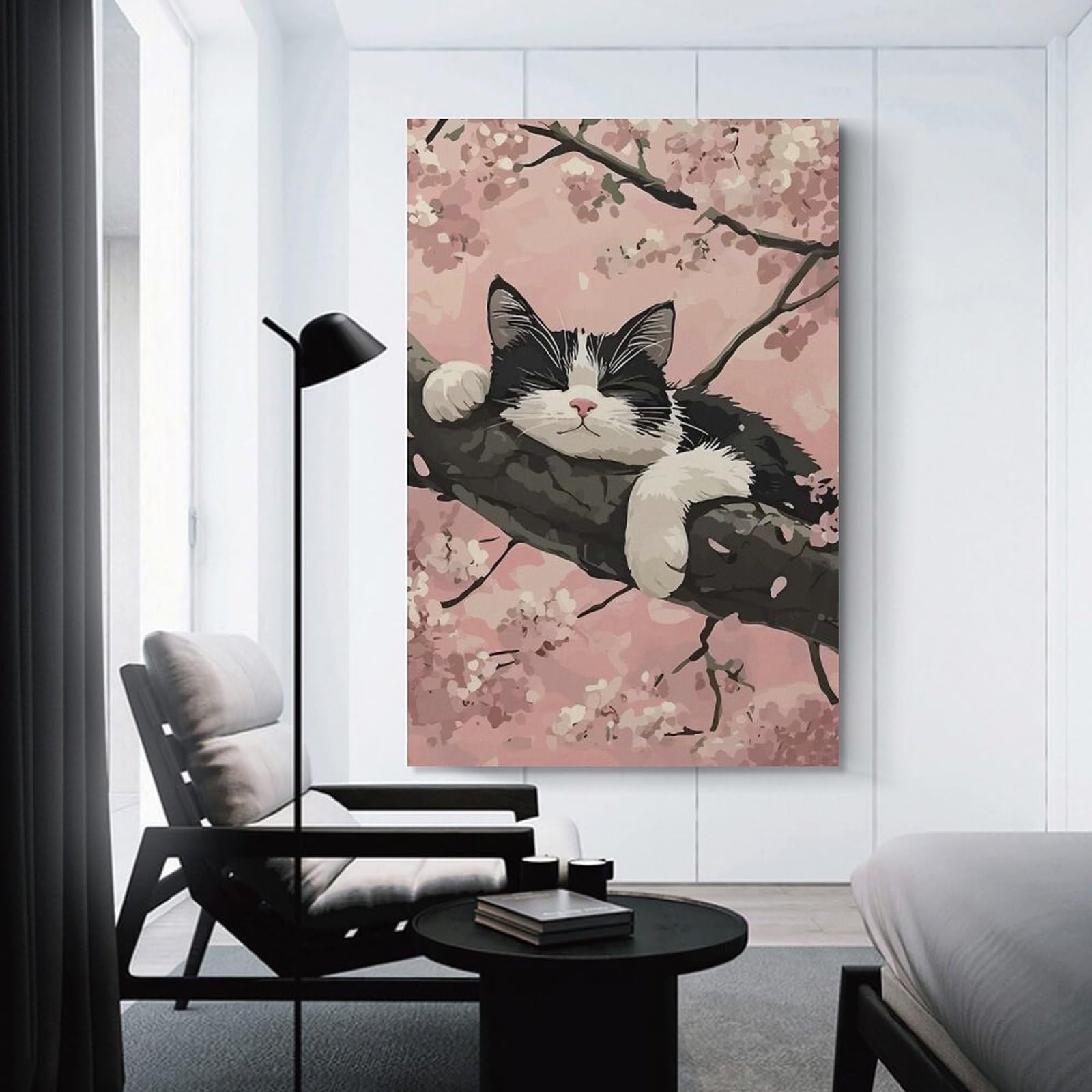 Junmoney Sleeping Cat in Cherry Blossoms Room Decor Wall Art, 12x18inch(30x45cm), for Hallway, Lounge Or Guest Room, Gift Idea for Housewarming And Birthdays