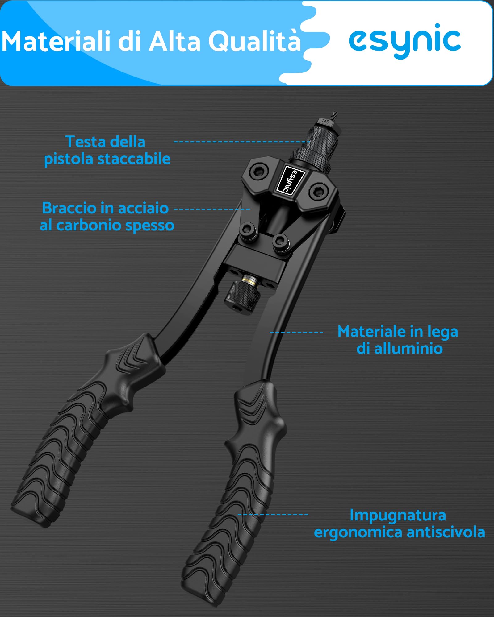 eSynic Rivettatrice Professionale 12" 125 Dadi Rivetti M3-M10 6 Mandrini Valigetta Nero