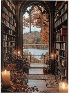 Autumn Lake View Gothic Library with Stained Glass Window Wooden Puzzle for Adults 500 Pieces Towering Bookshelves Candles Rugs Cozy Reading Nook Jigsaw Fall Decor Gift to Adults Hobby