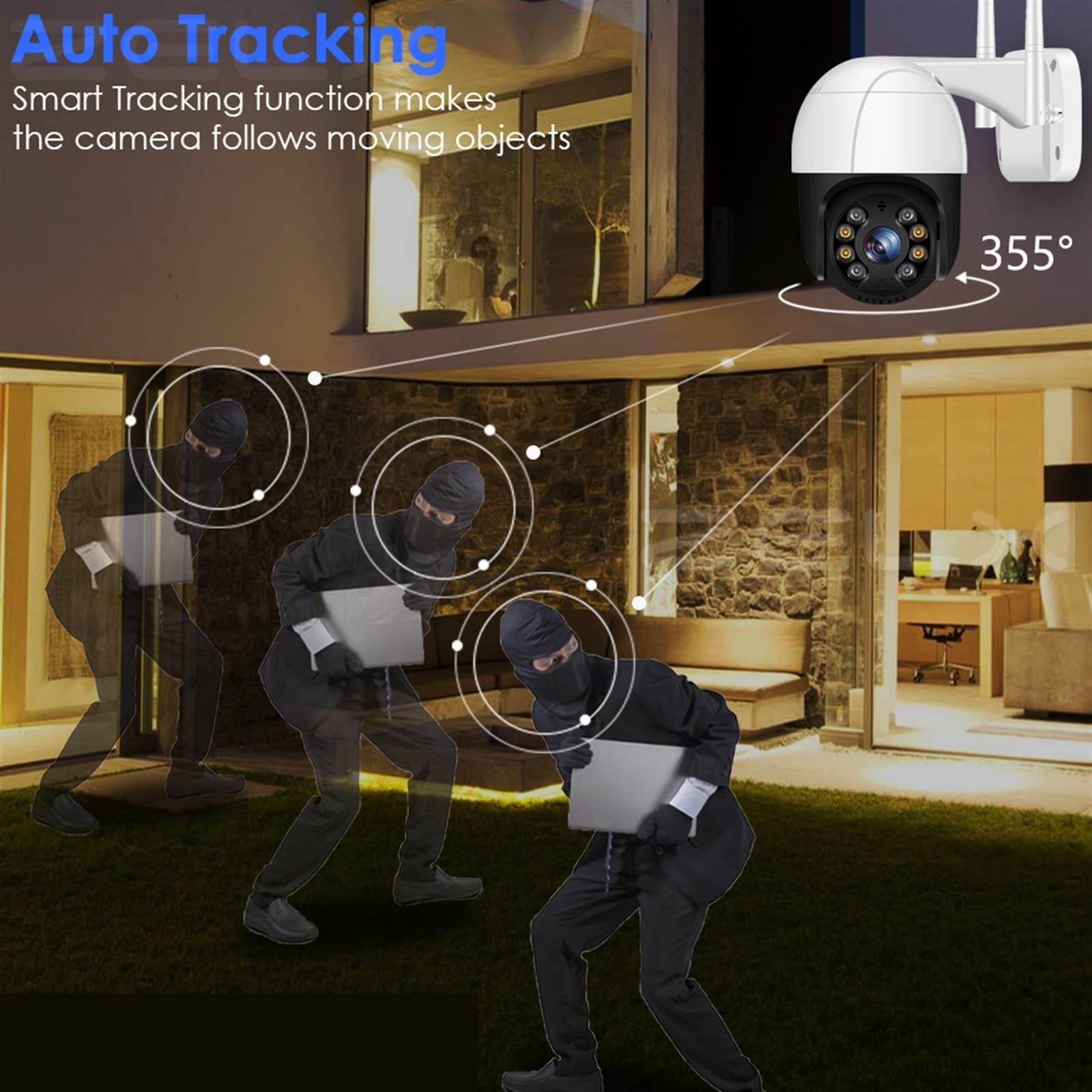 Telecamera Wifi Esterno, Telecamera IP 8MP 4K H.265 3MP HD CCTV Videosorveglianza Monitoraggio automatico 1080P Telecamera di sicurezza wireless PTZ Vista a 360 ° ,Sicurezza, Antifurto(8MP Add 64GB Ca