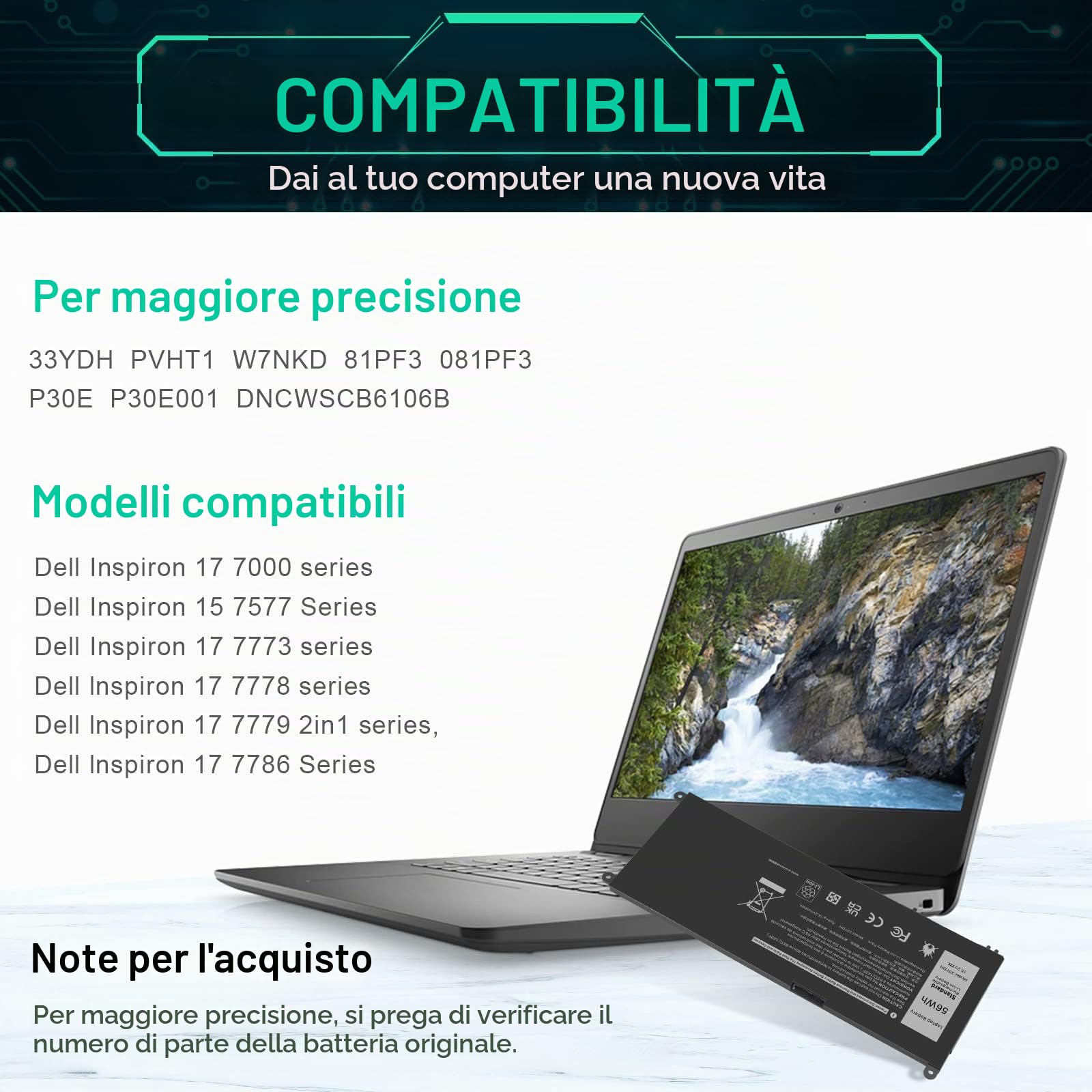 ASUNCELL 56WH 15.2V 33YDH Batteria per PC portatile Dell Inspiron 17 7000 15 7577 17 7773 17 7778 17 7779 2in1 17 7786 Series 33YDH PVHT1 W7NKD 81PF3 081PF3 3P30E. P30E001 DNCWSCB6106B