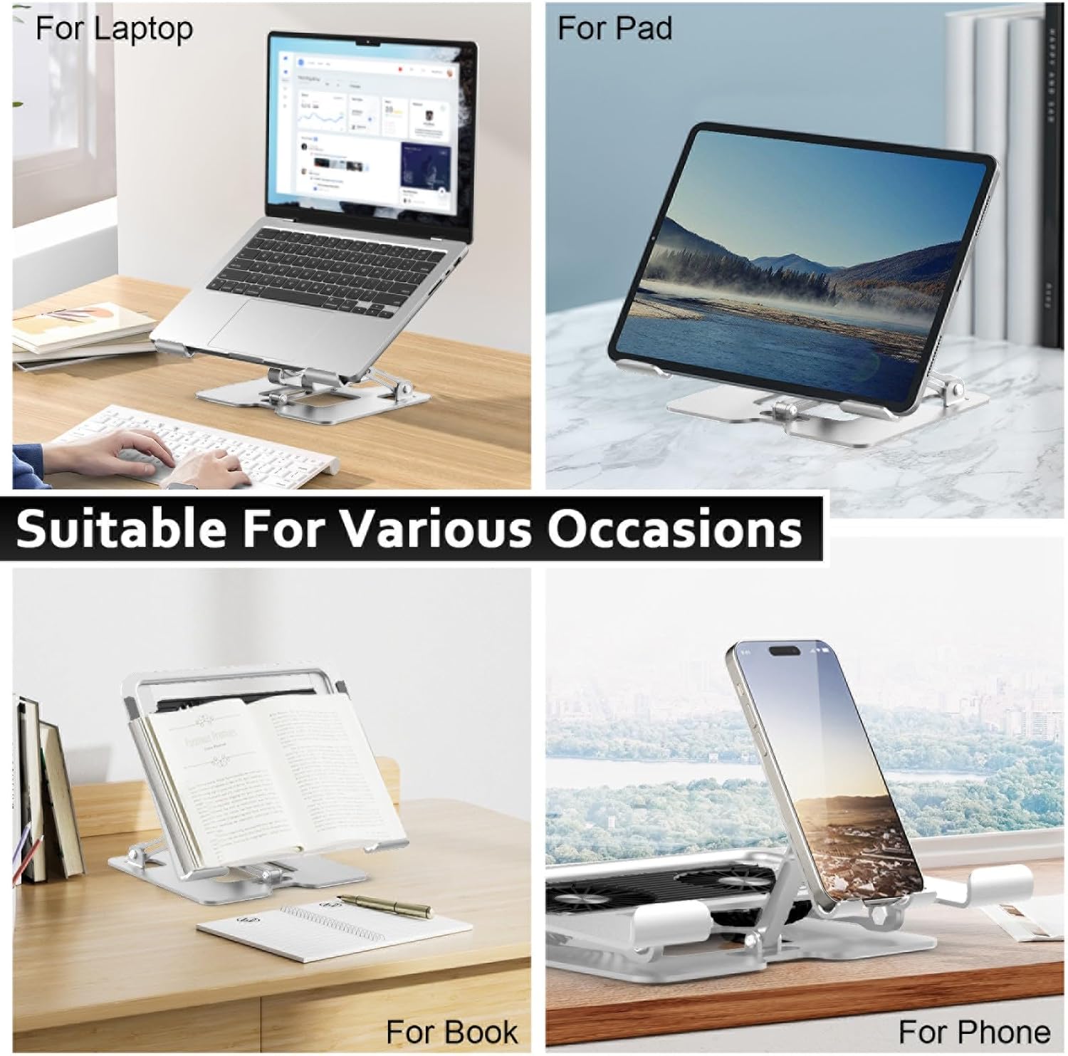 Laptop Cooling Stand with Detachable Fan,2-IN-1 Laptop Stand with Phone Holder and Silent Fans,Adjustable Height and Angle,Carbon Steel Framework,Laptop Cooling Pad for up to 16”Laptop (White)