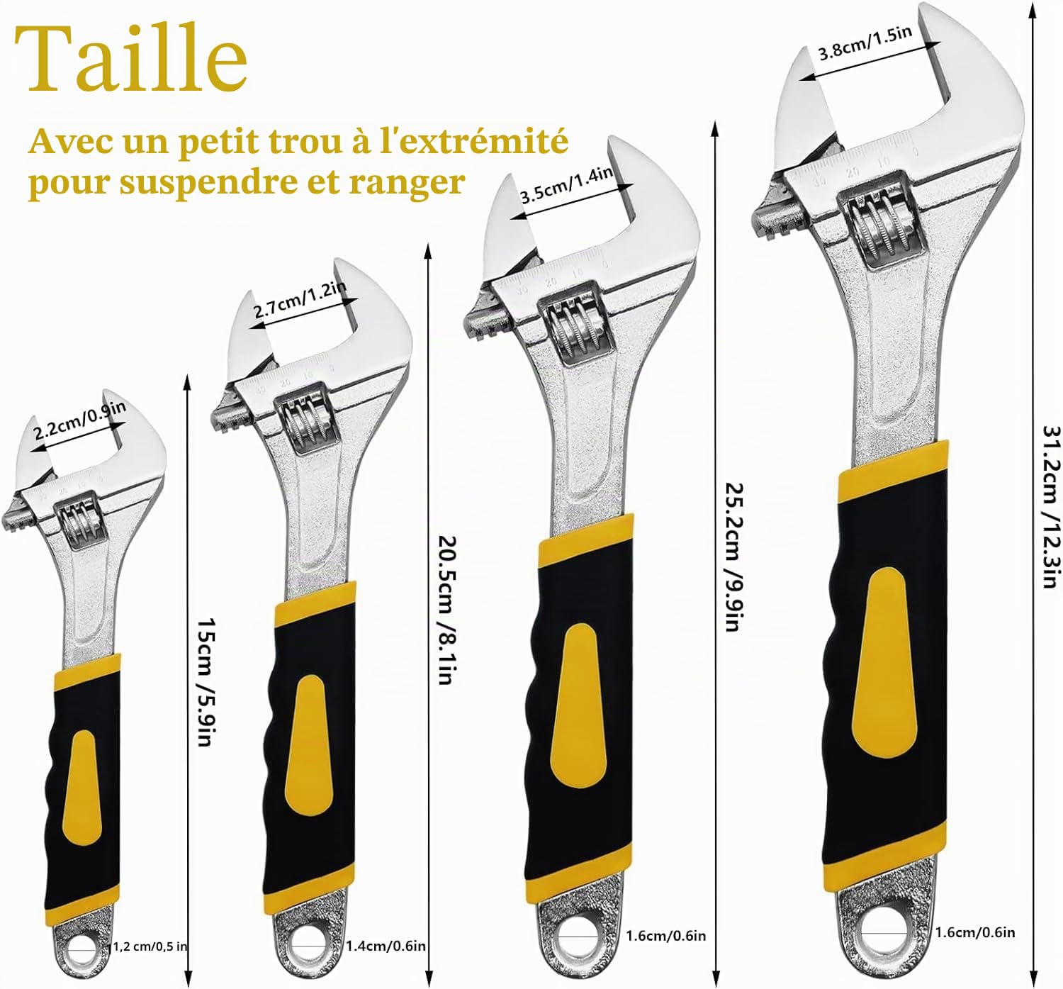 LATERN 4 Pièces Clés à Molette, 4 Tailles Levier de Vitesse en Acier au Carbone Clé à Molette Multifonctionnelle avec Échelles Métriques et Poignée Antidérapante pour Maison Garage (15-30CM)