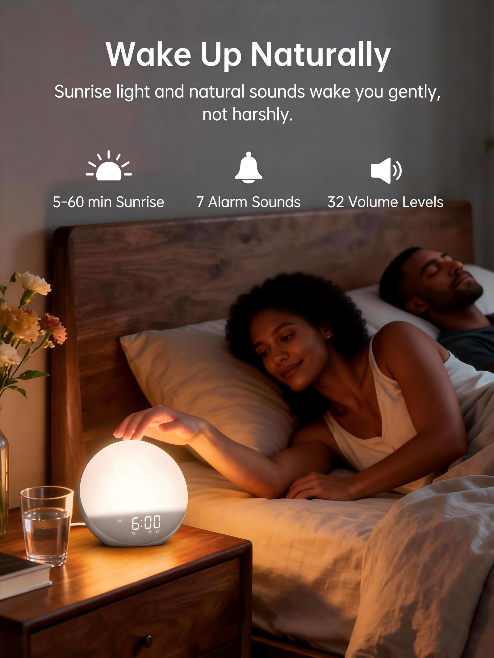 Odokee Reloj despertador Sunrise con máquina de sonido: luz de despertador suave y 7 sonidos de alarma para dormitorio, 3 modos de despertar y 32 niveles de volumen para masilla matutina sin estrés