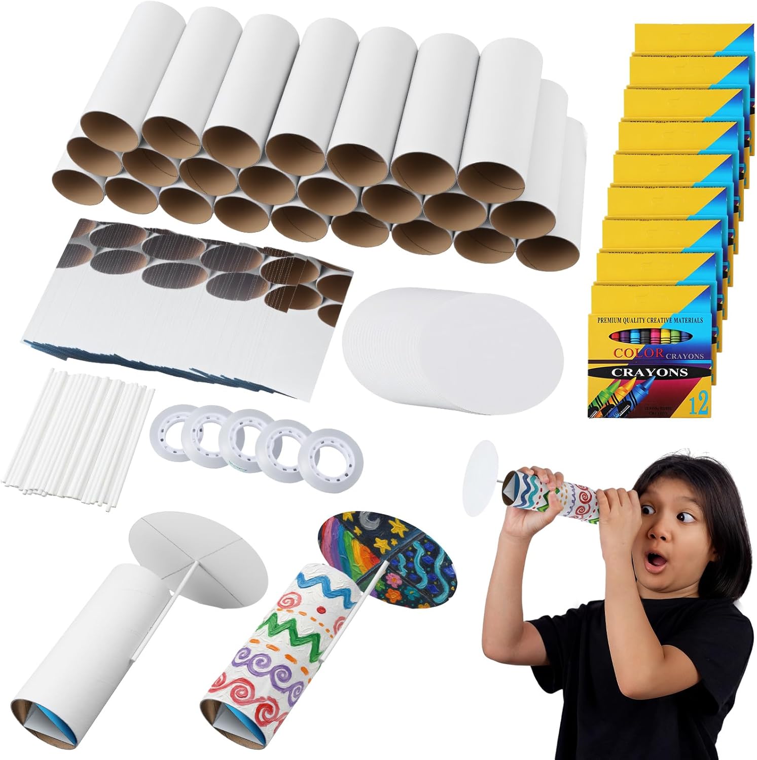 Gilprop 50 Set DIY Kaleidoscope Kit Bulk with Colored Crayons Set for Gifts, DIY Kaleidoscope Making Craft Kit for Science Experiment Educational STEM Craft Supplies