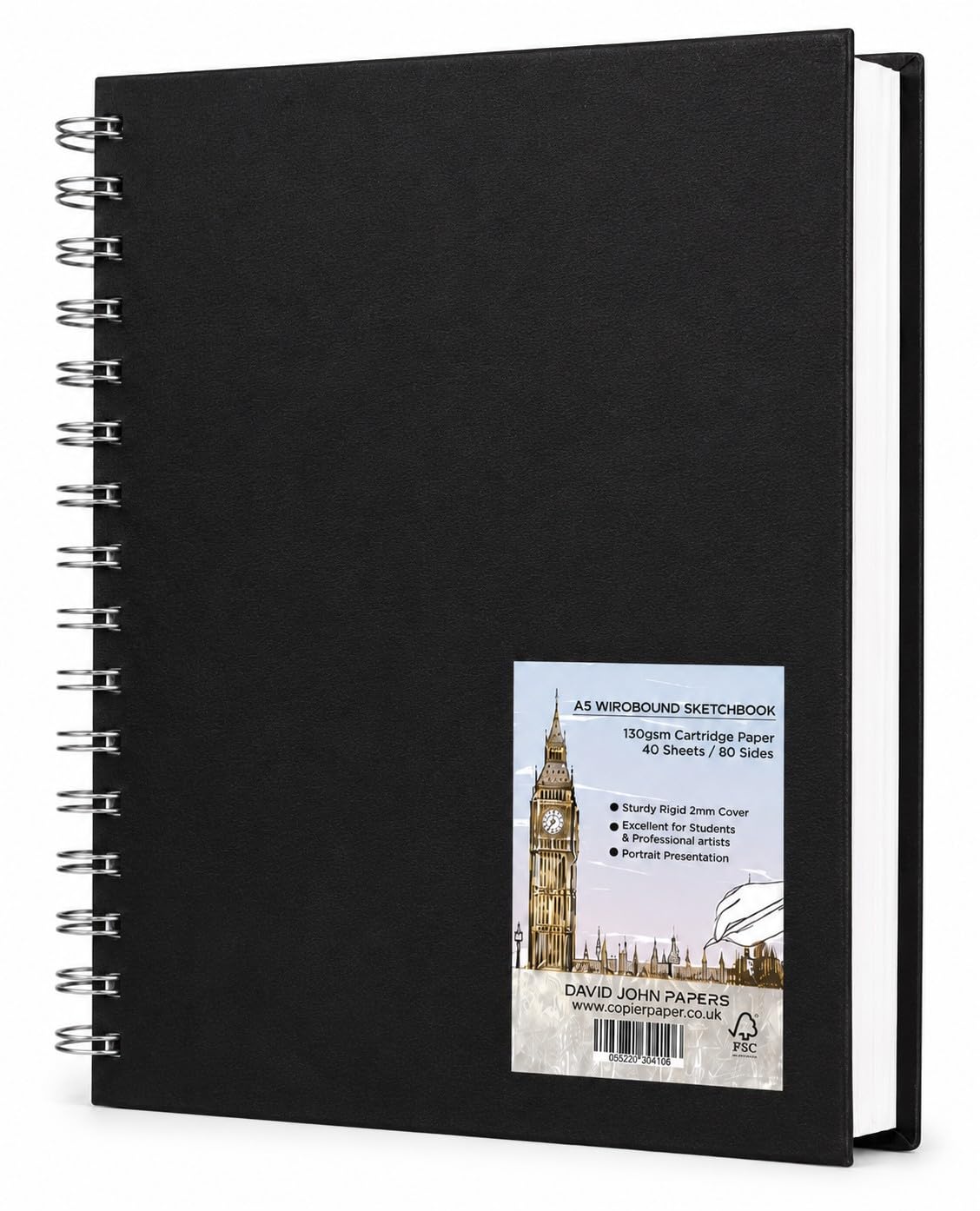 DJP A5 Sketch Book, 130gsm Cartridge Paper Hardback Wiro Bound Portrait Sketchbook for Drawing & Sketching - 40 Sheets/80 Pages