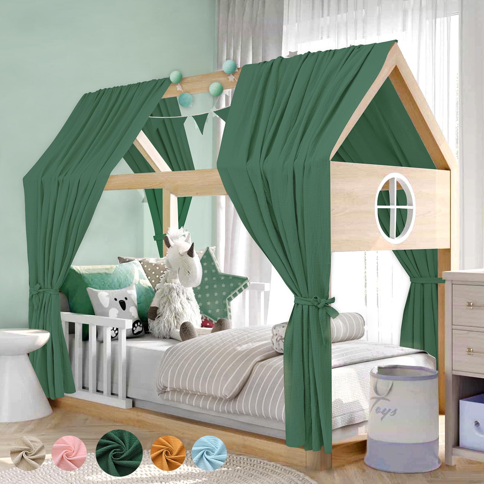 Alishomtll Hausbett Himmel Deko Set, 2 Betthimmel Hausbett aus 100% Baumwolle Musselin, 1 Wimpelkette 300cm, Kinderbett Baldachin Stoffhimmel für Mädchen Jungen Kinderzimmer, 135x320cm Grün