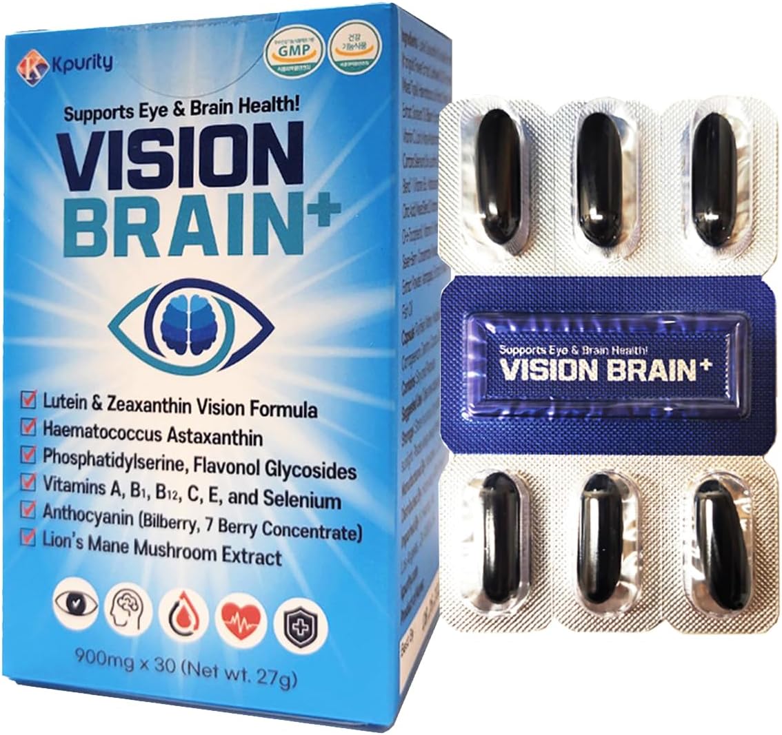 KPurity VisionBrain+ Eye & Brain Health Supplement with Lutein & Zeaxanthin - Enhances Memory, Focus, and Brain Performance - 30-Day Supply Softgels (1 Box, VisionBrain+)