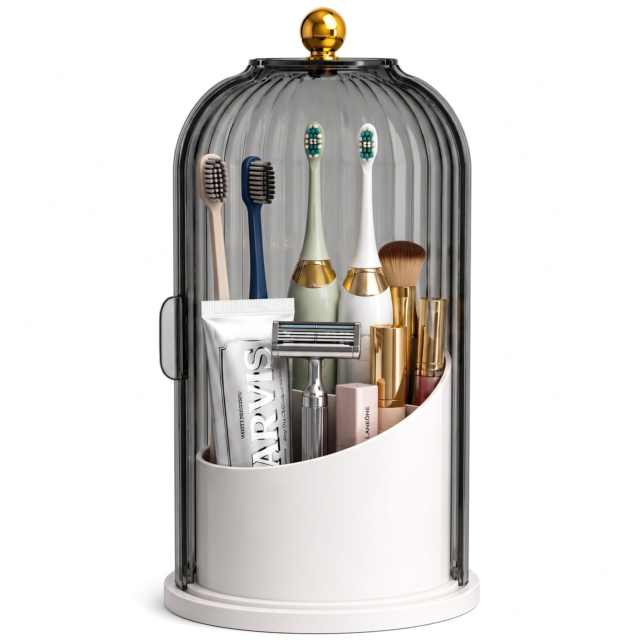 Toothbrush Holder for Bathroom, Toothpaste & Electric Toothbrush Holder, Bathroom Countertop Organizer with 360° Rotating Base, Sliding Door Storage, Razors, 3 Slots,Sink Organizer Caddy,Grey-image-10