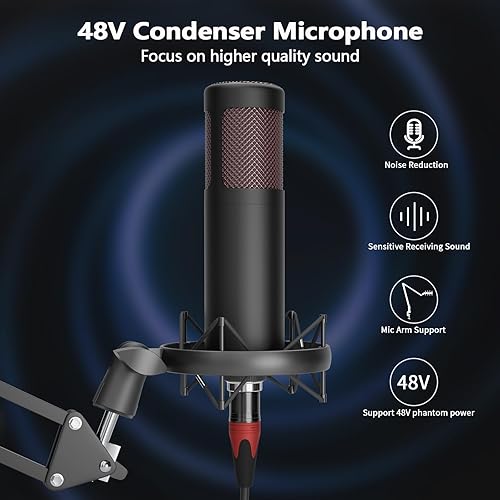 Miniatura 3 de Paquete de equipo de podcast para 2, mezclador de DJ de interfaz de audio con micrófono condensador XLR de 48 V, RGB, cambio de voz, para