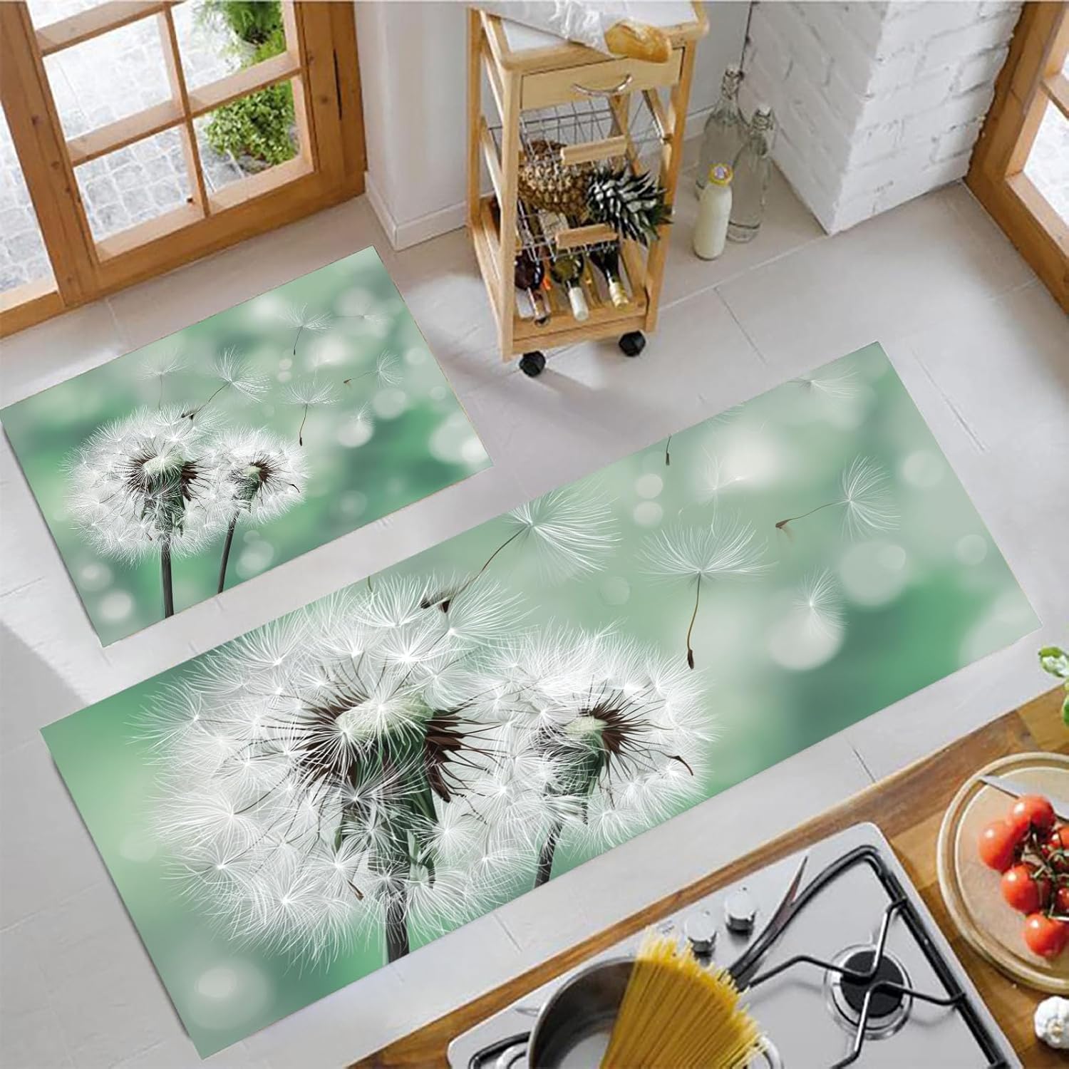 Natural Dandelion Kitchen Mats Non Slip Washable Kitchen Rug Sets 2 Piece Mint Green Simple Plants Carpet Runners Floor Mat for Hallway Laundry Room 16″X24″+16″X47″