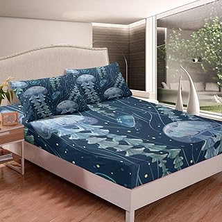 Jellyfish Print Fitted Sheet Ocean Creature Themed Bed Sheet Set Sea Underwater World Bedding Set for Boys Girls Room Decor Lightweight Marine Sealife Bed Cover Full Size with 2 Pillow Case
