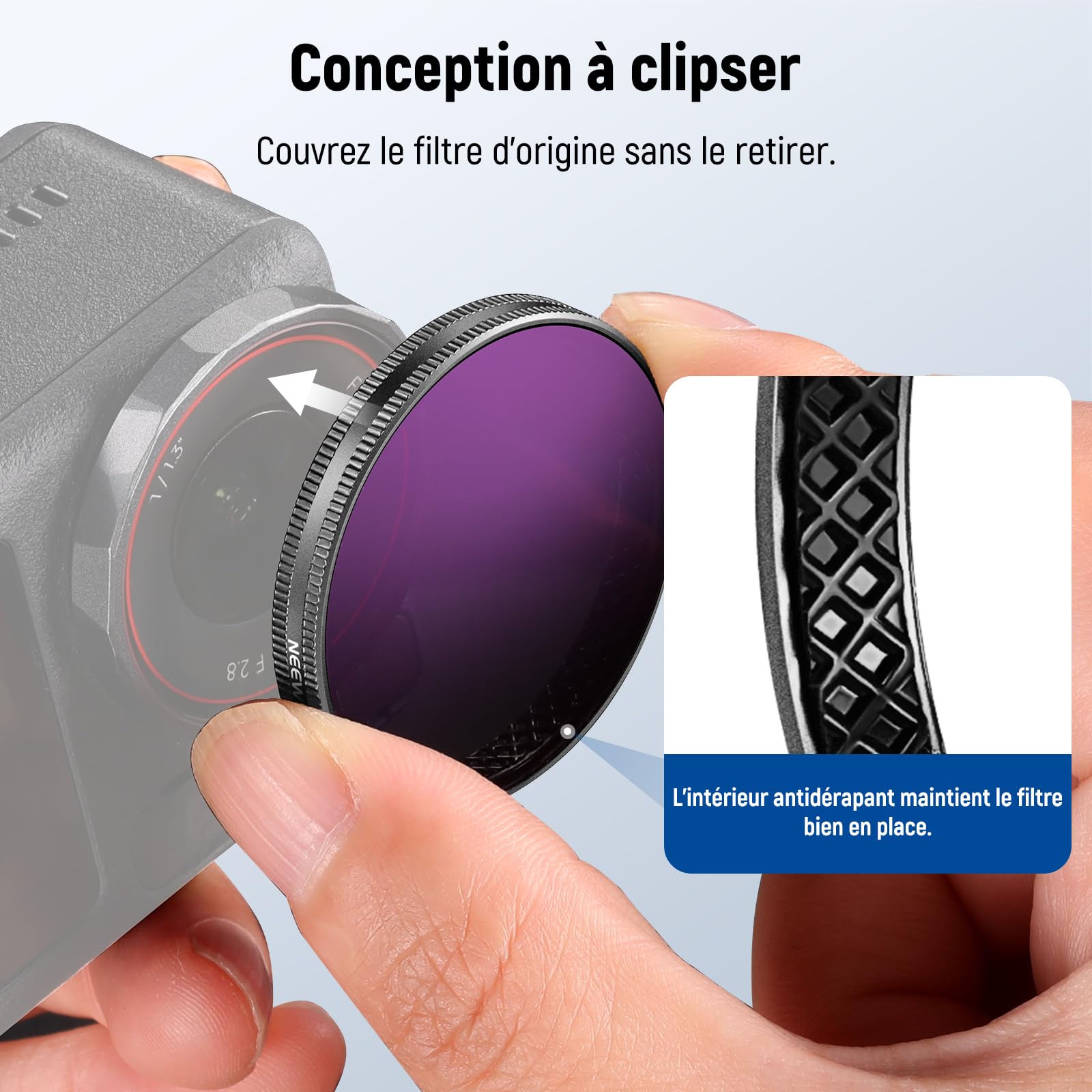 NEEWER Kit de filtres ND à clipser compatible avec DJI Osmo Action 5 Pro/4/3, 4 Pack(ND8 + ND16 + ND32 + CPL). Se fixent sur le cache d'objectif en verre d'origine.Non compatible avec Osmo Nano,FL-A76