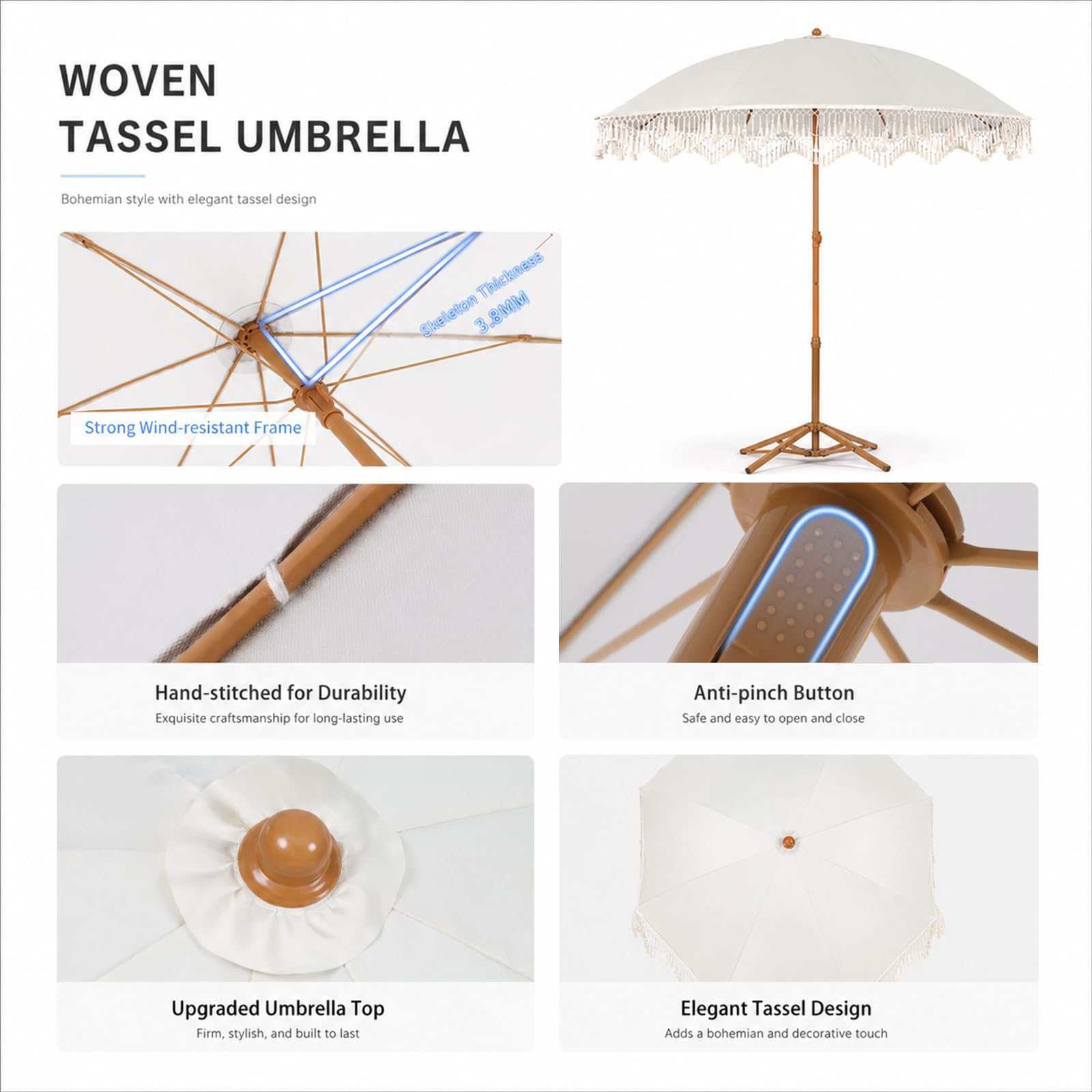Sombrilla de Playa con Flecos 200cm Inclinable Regulable, Sombrilla Bohemia Portátil con Bolsa para Jardín Terraza Piscina, Protección Solar UPF 50+ Impermeable