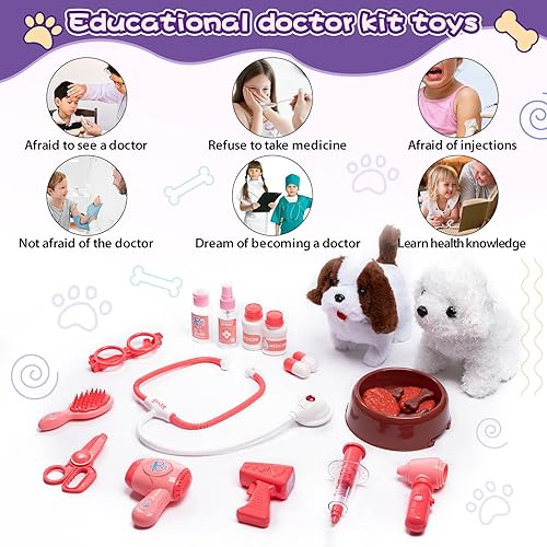 Miniatura 7 de KidEwan - Kit veterinario de 26 piezas para niños con felpa eléctrica para perros, juego de cuidado de mascotas, kit médico para niños, juego de rol