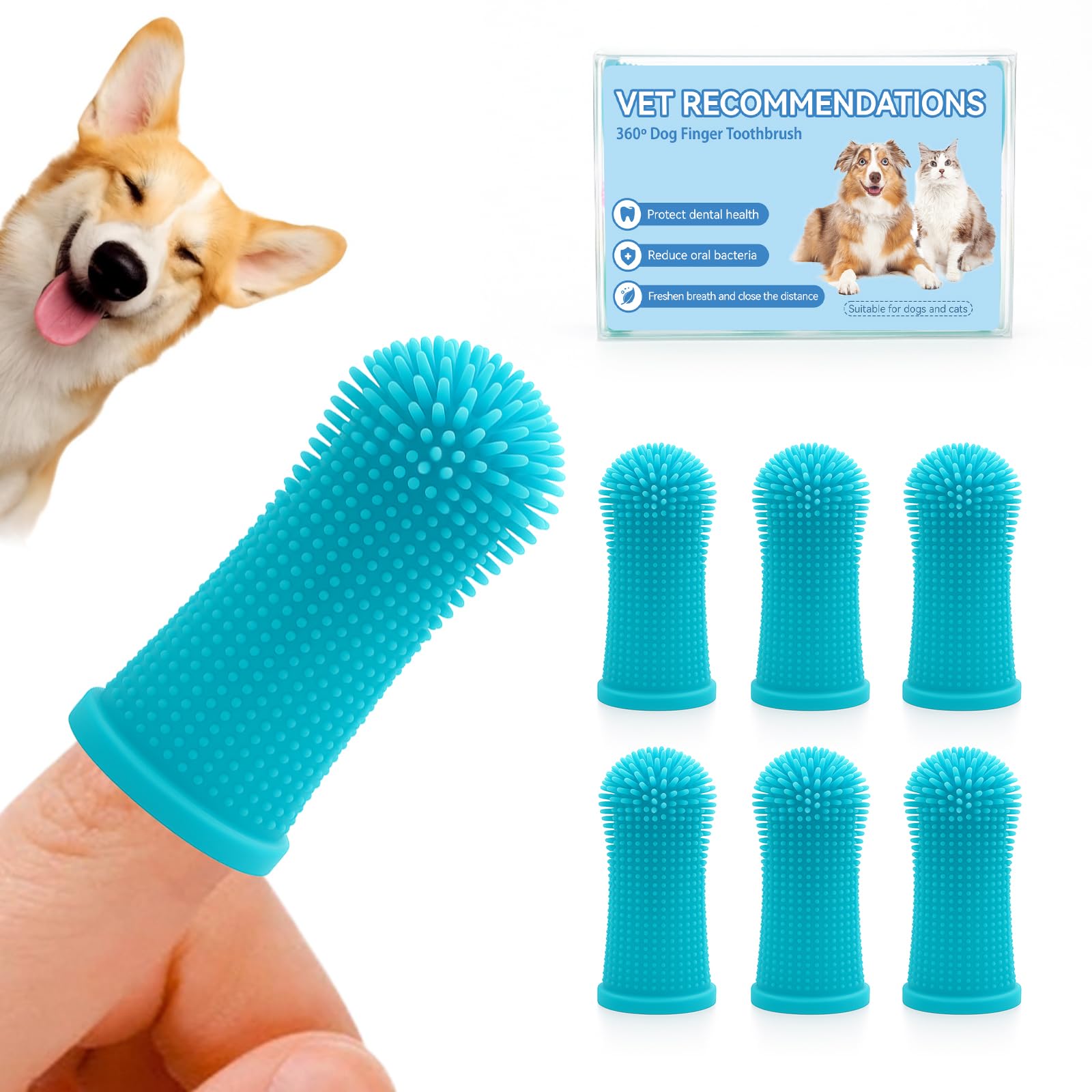 Aujzoo Hundezahnbürsten-Set (6 Packungen), 360º Haustier-Zahnreinigung, Zahnbürste für Hunde und Katzen, Silikon-Fingerzahnbürste
