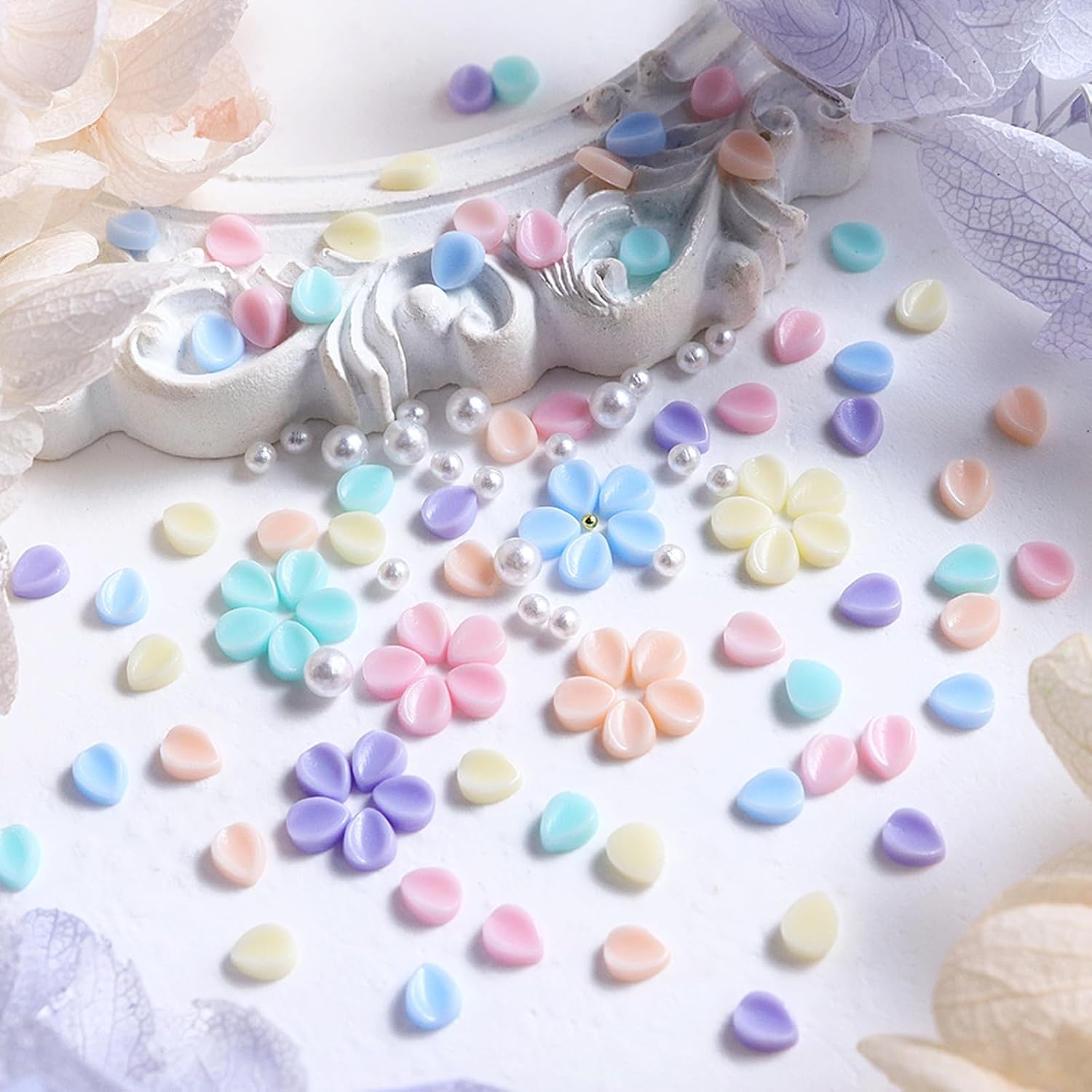 150Pcs Colorful Flowers Nail Charms Cute Pink Blue Yellow Purple Petals Nail Art Charms Gold Beads Pearls Nail Art Stud Jewelry Spring Summer Nail Accessories for Women DIY Crafts Manicure Decor image 2