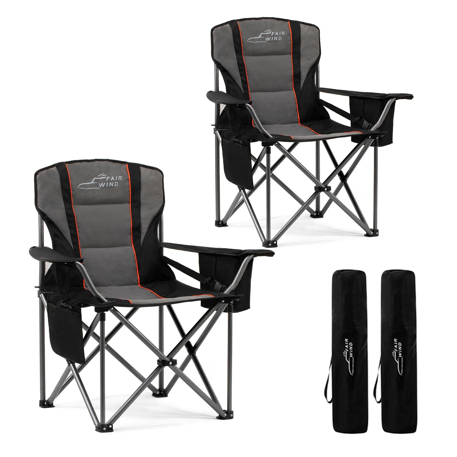 FAIR WIND 2 Pack Oversized Fully Padded Camping Chair with Lumbar Support, Heavy Duty Cooler Bag Fold Chair Support 450 LBS