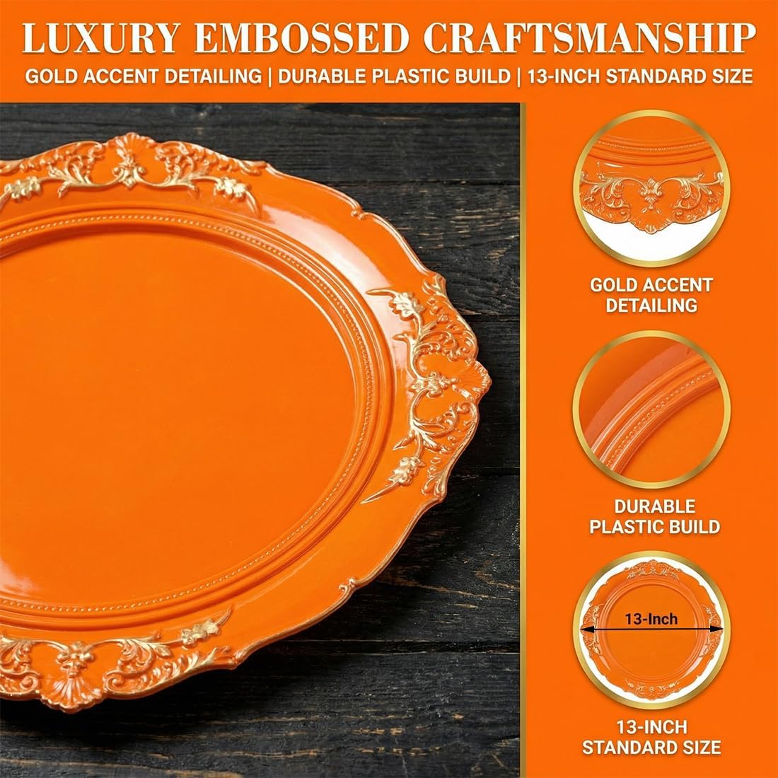 Orange Charger Plates, 13 Inch Embossed Chargers for Dinner Plates. Plastic Charger for Wedding, Party. (Set of 6)