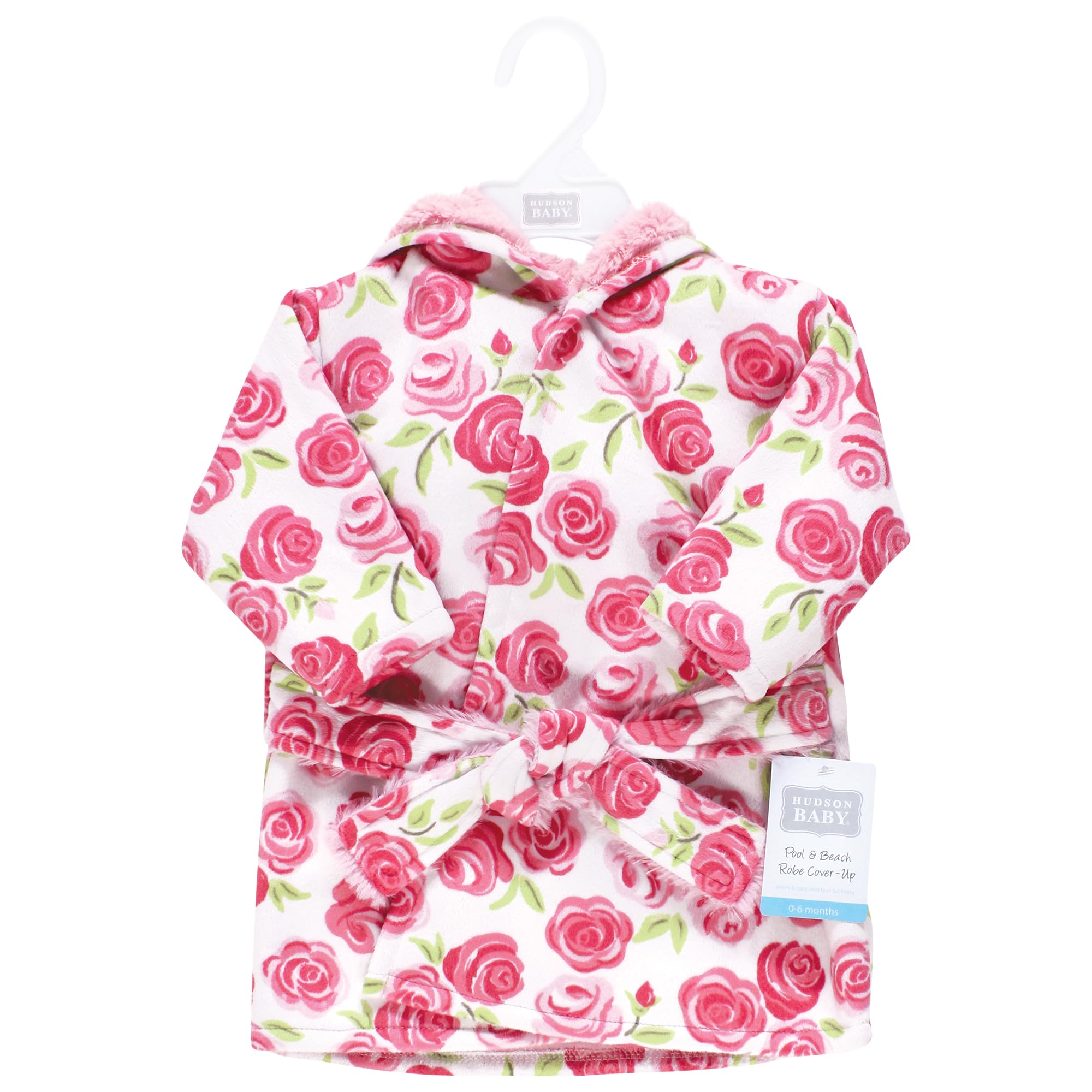 Hudson Baby Unisex Baby Mink with Faux Fur Lining Pool and Beach Robe Cover-ups, Pink Roses, 0-6 Months