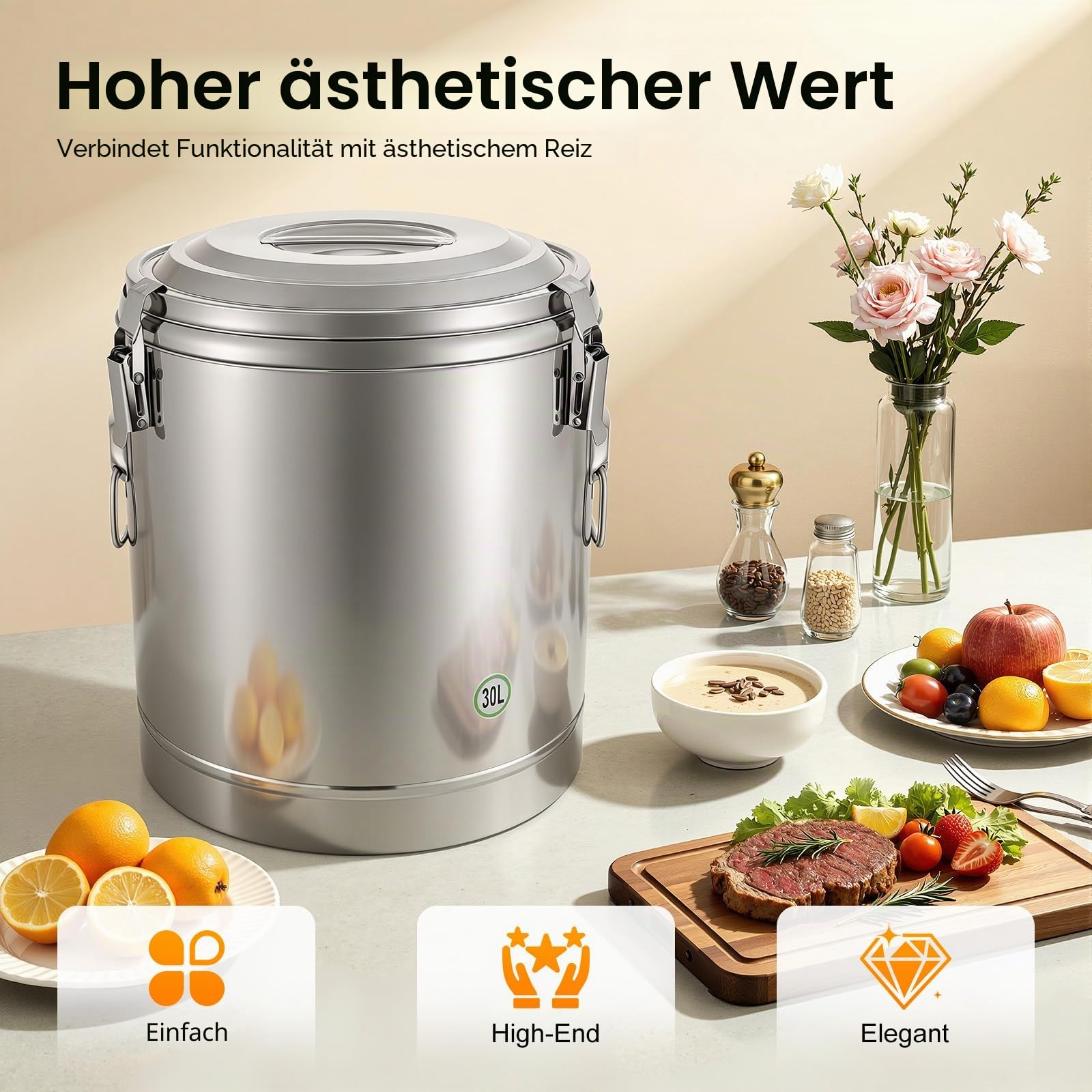 Transport Thermobehälter für Essen, 10/20/30L Gastro Warmhaltebehälter Isolierter Edelstahl Thermobox Hält Essen 12h Kalt & Warm, Versiegelter Eimer mit Deckel für Nudeln, Suppe (34.5x34.5x38.5cm 30L)