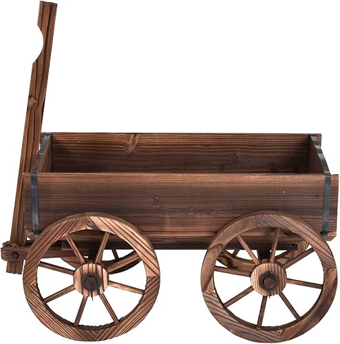 Miniatura 6 de HAPPYGRILL Carro de madera, soporte decorativo para macetas con 4 ruedas y agujeros de drenaje, maceta de carro al aire libre para patio, patio