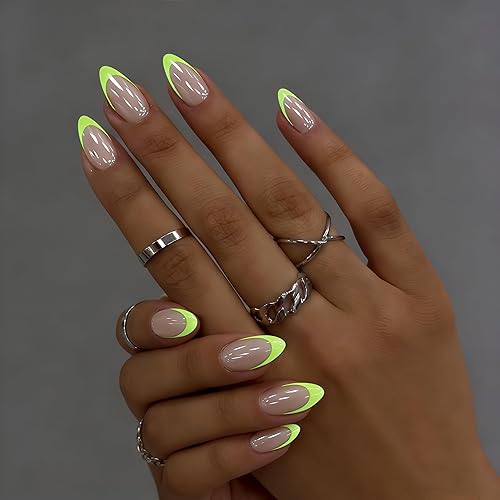 SXVME Chrome Neon Lime Green French Tip Press on Nails
