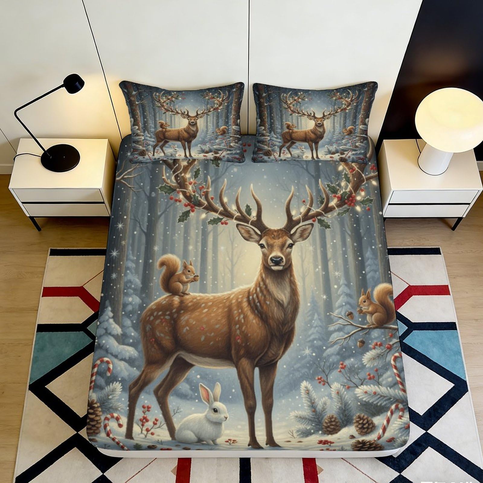 3D Printed Forest Deer Fitted Sheet Microfiber Soft Woodland Animal Bed Cover for Bedroom Guest Room Decor 90x200x25cm