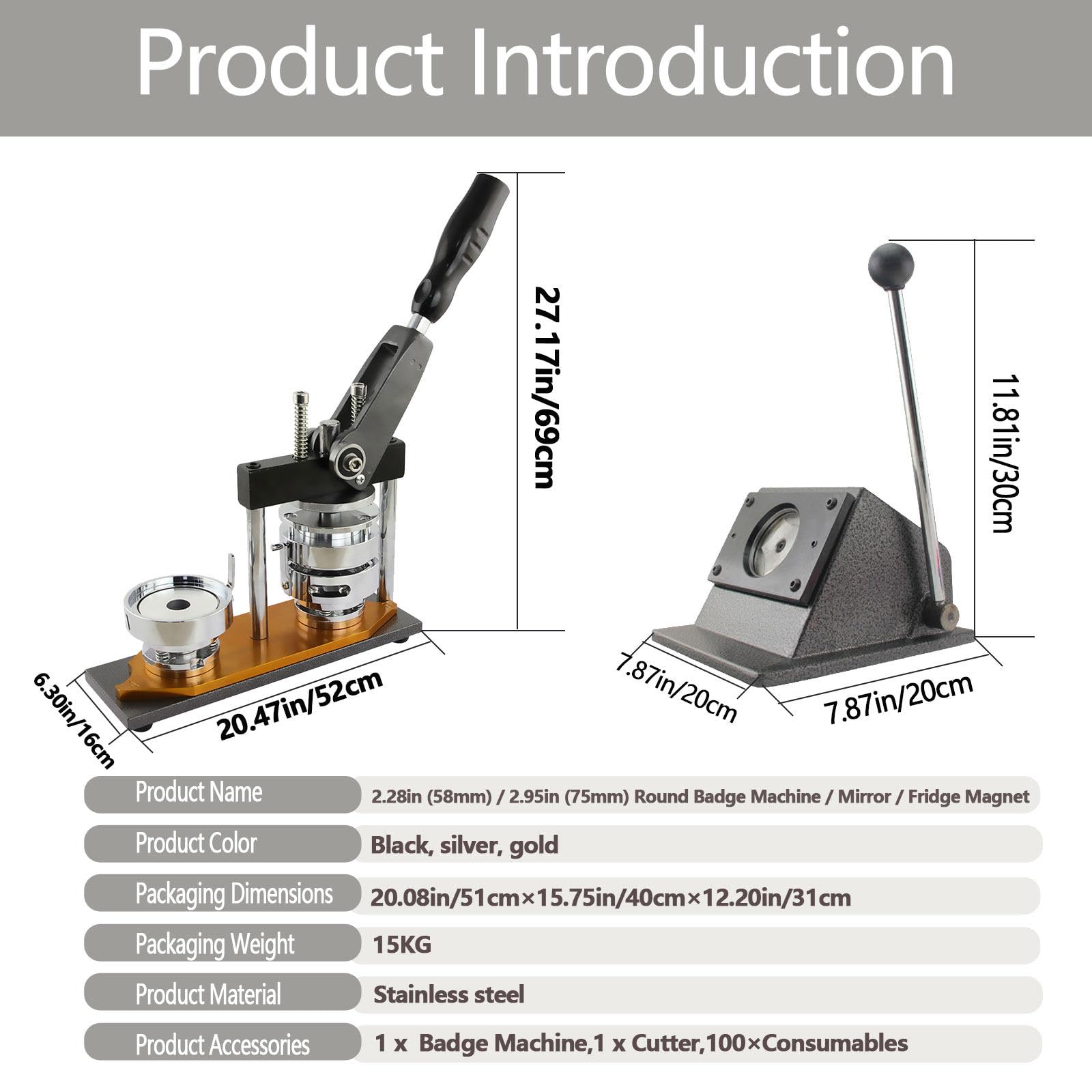 Máquina para hacer botones imantados redondos para nevera, máquina para hacer pines cuadrados metálicos para imanes de nevera, kits de prensa para chapas DIY con 100 sets de suministros. 58mm