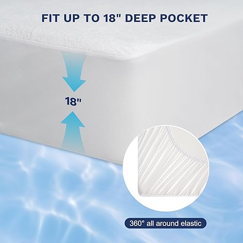 Miniatura 5 de Protector de colchón impermeable tamaño Queen, funda de colchón de rizo de algodón con bolsillo profundo ajustable de 6 a 18 pulgadas de