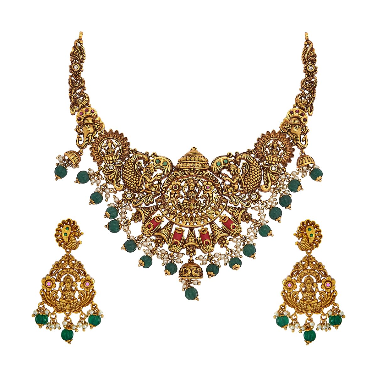 Fashion Jewellery RBY GRN CRL Gold Polished Antique Necklace | Short Necklace For Women | With Push Back Hangings - 449303-image-46