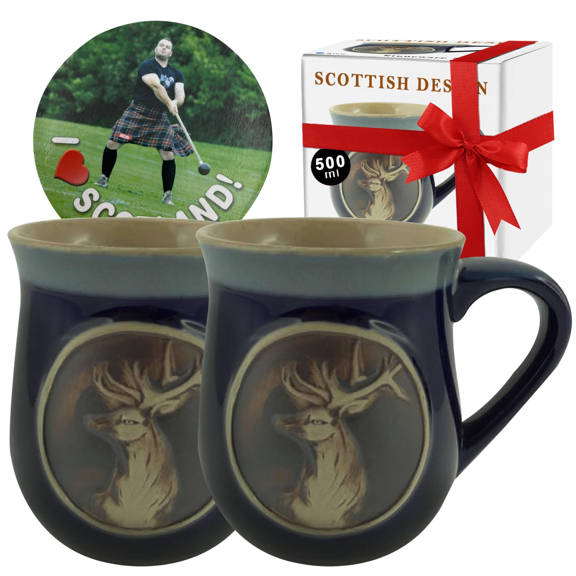 Glen Appin Scotland Stag Lot de 2 tasses en grès avec passepoil en relief pour café, thé, chocolat chaud – Coffret cadeau de Noël et Nouvel An – Artisanat du patrimoine écossais (bleu, lot de 2)