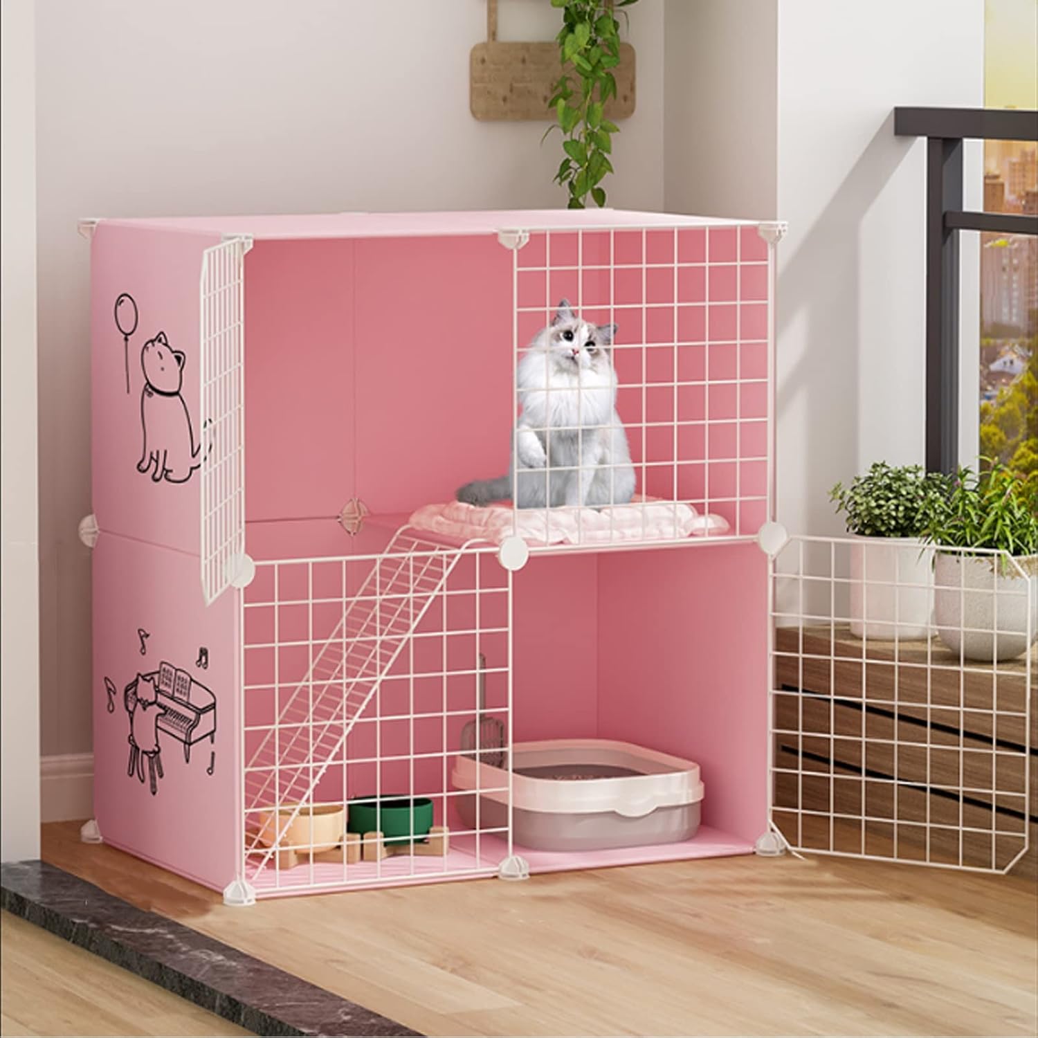猫ケージ - 猫囲い、屋内DIY猫プレイサークル、2/3段取り外し可能な犬小屋クレート、折りたたみ式ペットアパート、自宅、屋内、居心