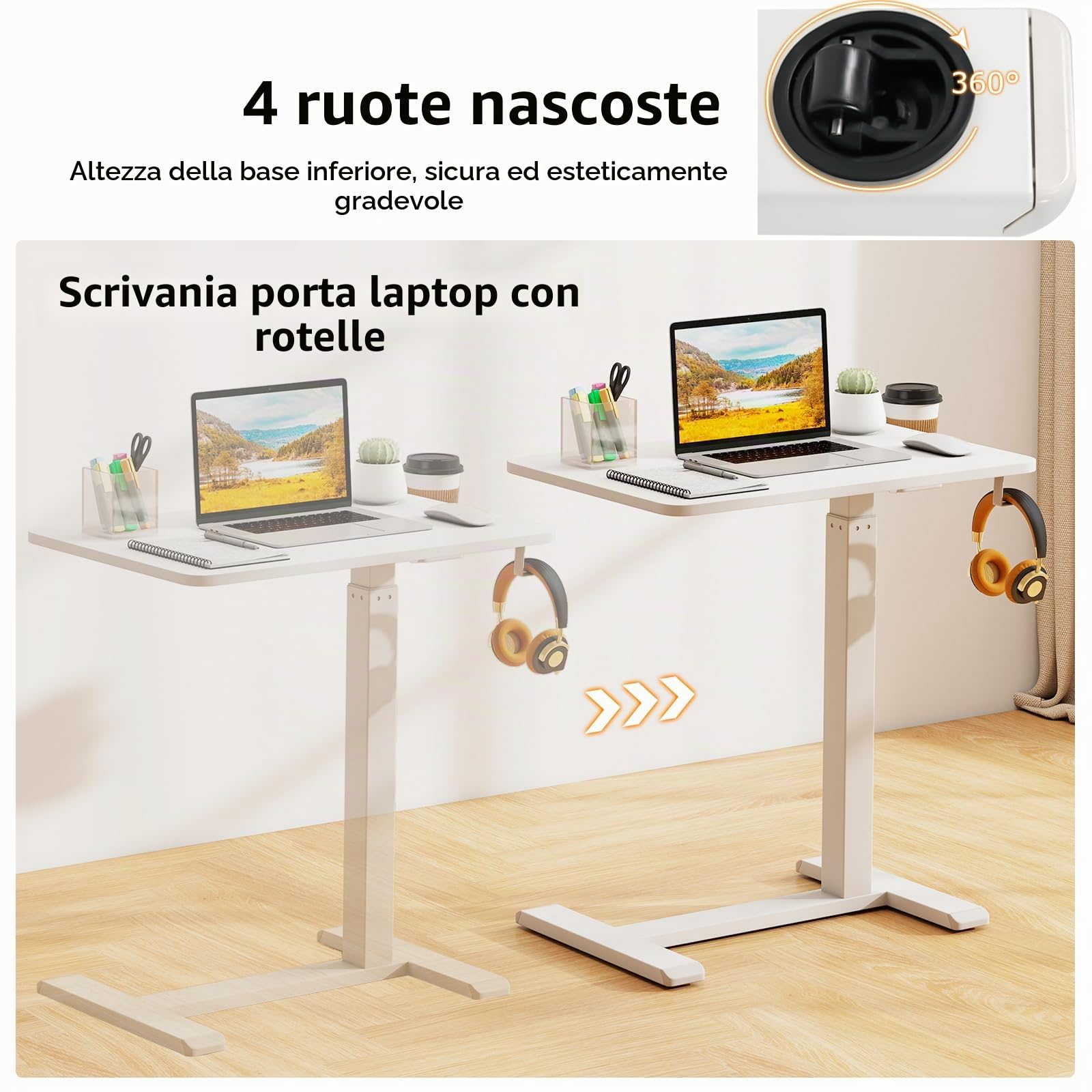 LIFEZEAL Tavolino da Divano a Forma di C, Altezza Regolabile, Tavolino Laterale per Letto, con Ruote Nascoste, Portabicchiere, Ganci Cuffie, Porta Laptop, PC, Serviletto, Soggiorno, Salotto (bianco)