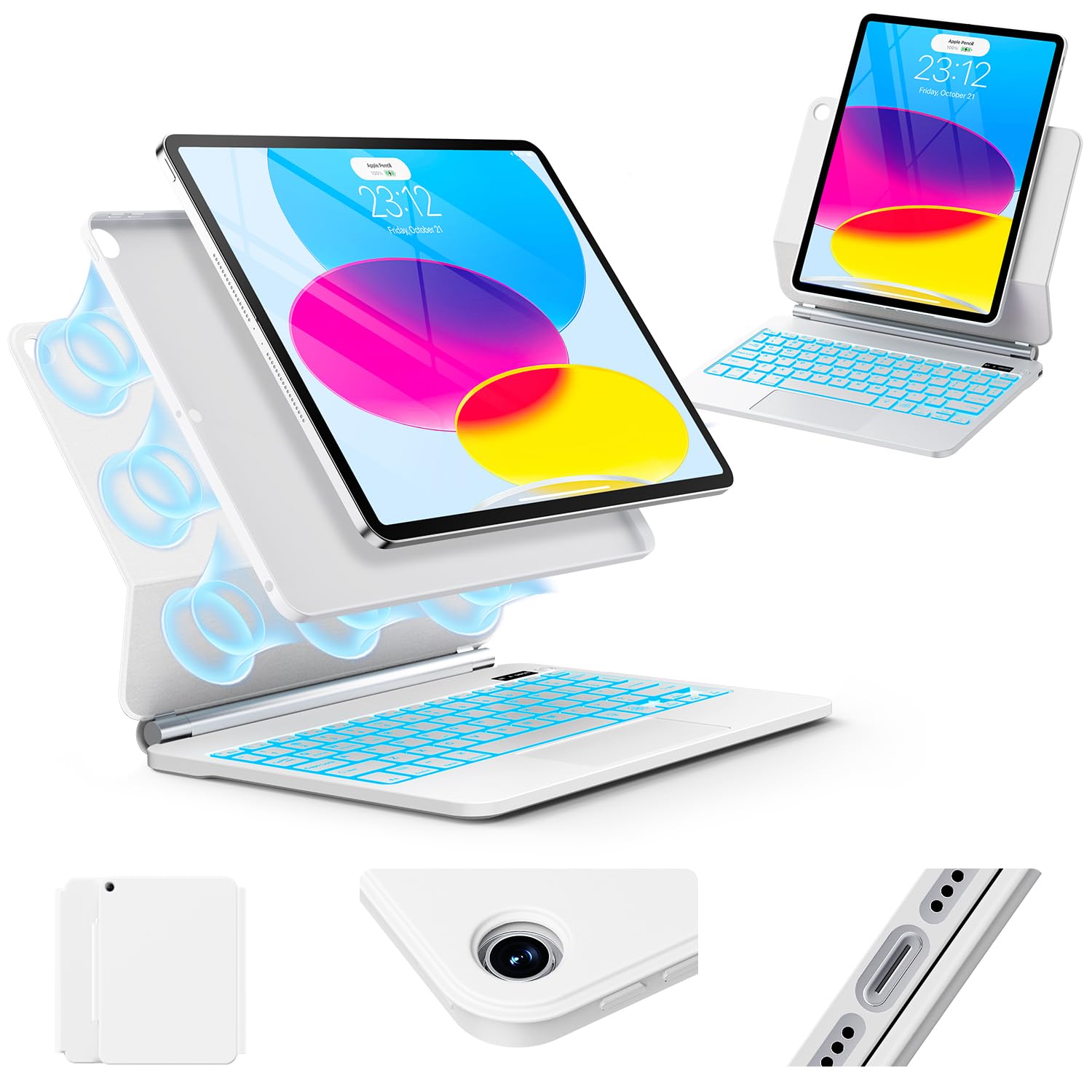 for iPad (A16) 11th/10th Generation Case with Keyboard – Magic-Style Magnetic – Floating Cantilever Stand - Multi-Touch Trackpad (White)