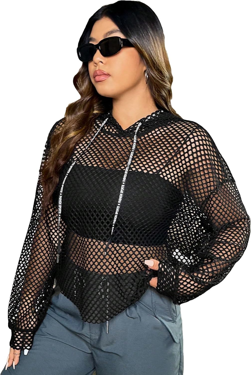WDIRARA Women's Hollow Out Mesh Drawstring Long Sleeve Plus Size Casual Hoodie Sweatshirts