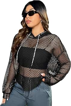 WDIRARA Women's Hollow Out Mesh Drawstring Long Sleeve Plus
