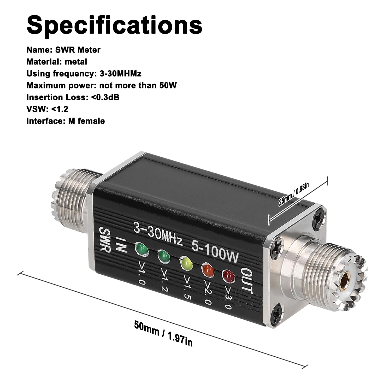 LED SWR Meter,Misuratore SWR LED Indicatore di Onde stazionarie a Onde Corte di frequenza 3-30 con 5 LED M Interfaccia Femmina