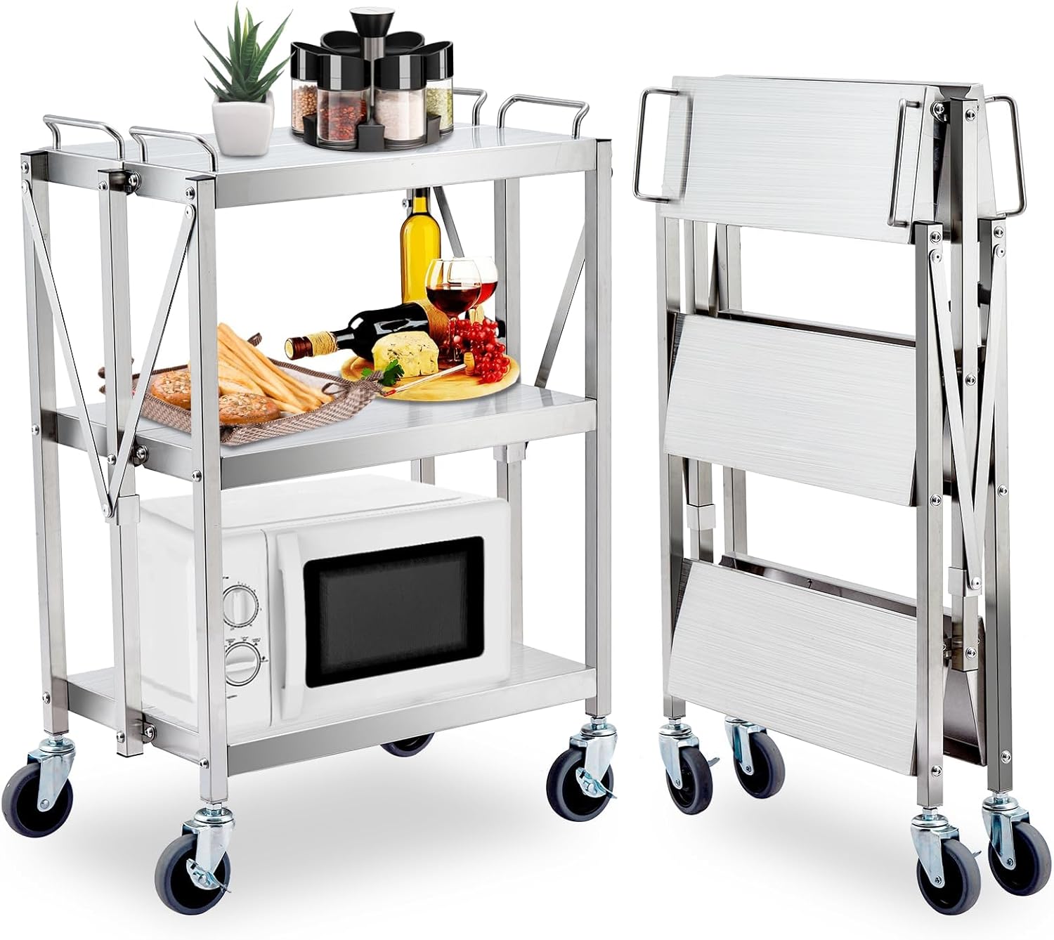 3-Tier Foldable Utility Cart with Wheels, 300 LBS Capacity, Rolling Service Cart for Home, Garage, Kitchen & Workshop Storage