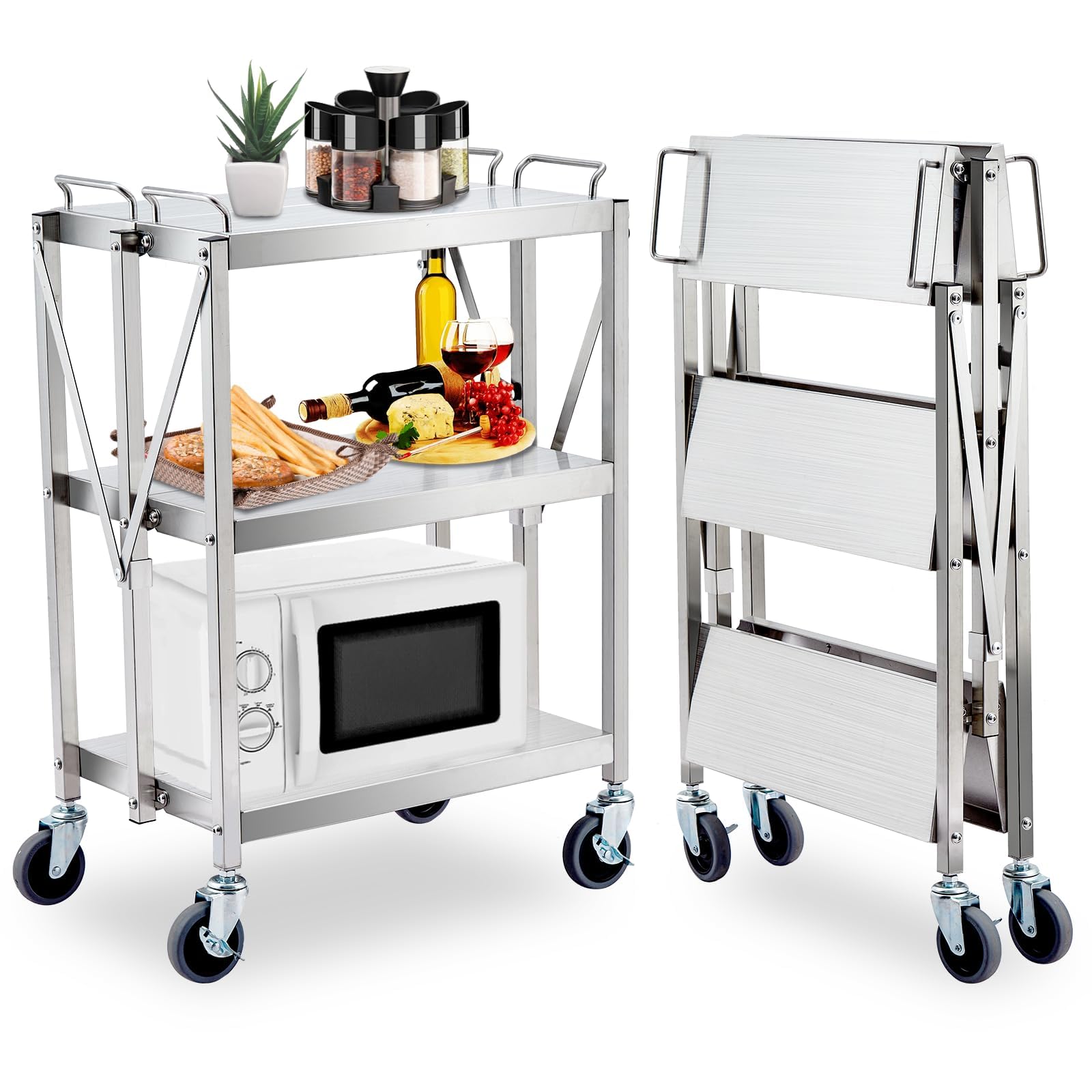 Garvee Carro Plegable de Acero Inoxidable 3 Niveles, Carrito Multiusos con Ruedas con Freno, Carro de Servicio Compacto para Cocina, Almacén, Oficina y Restaurante