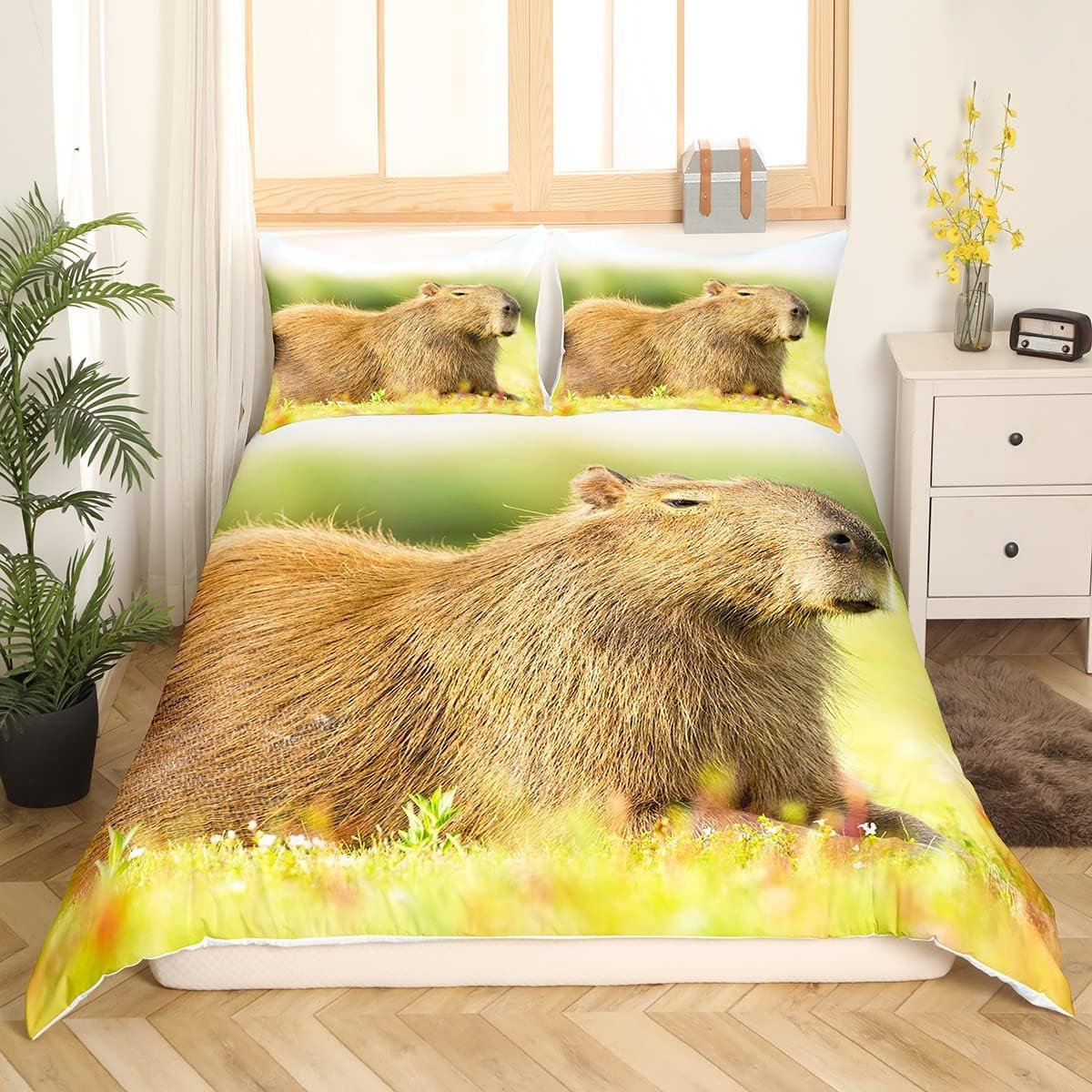 Poszwa na kołdrę 180 Kołdra Edredon 260x240 Capibara Animal 3D Poszewki na kołdrę Miękka mikrofibra Pościel 3-częściowa z zamkiem błyskawicznym i 2 poszewkami na poduszki J-3038