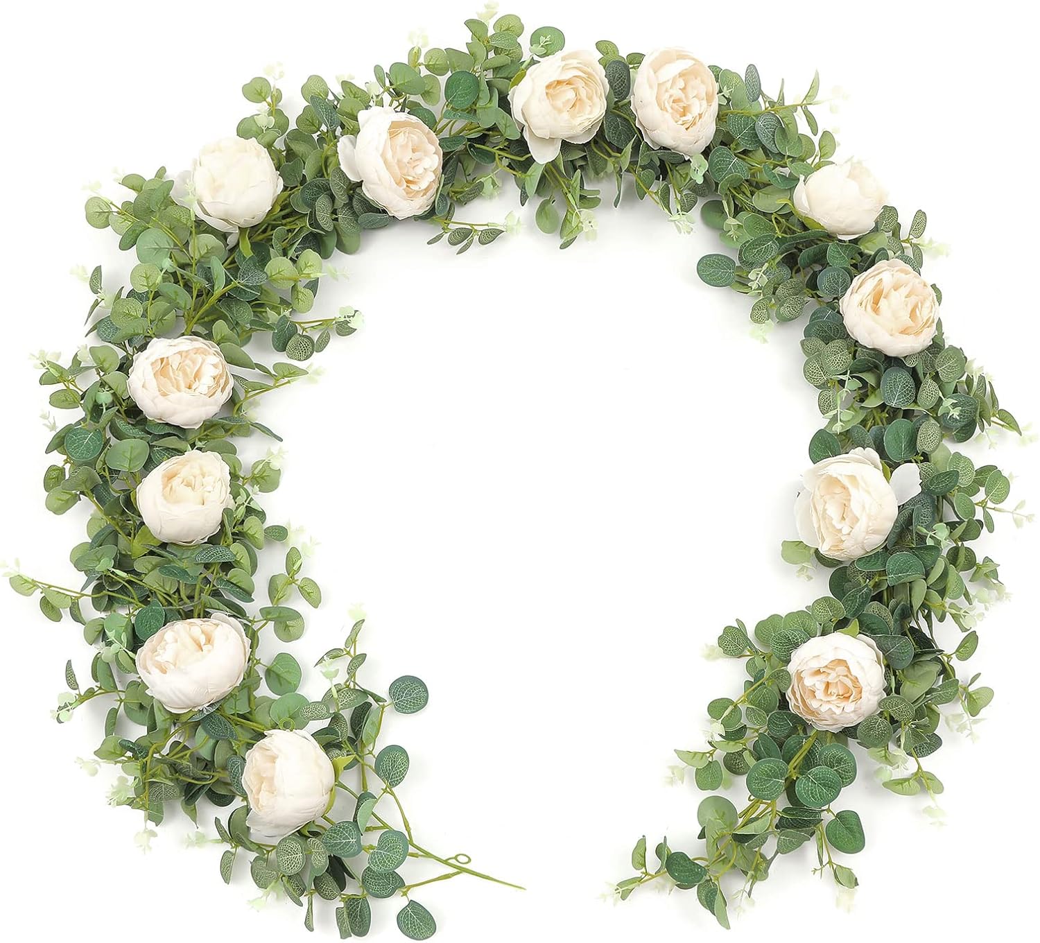 U'Artlines 6Ft Artificial Eucalyptus Leaves Garland Faux Silk Greenery Vine Hanging Plants Swag for Home Wedding Backdrop Table Decor (Eucalyptus Garland with Light Champagne Peonies)