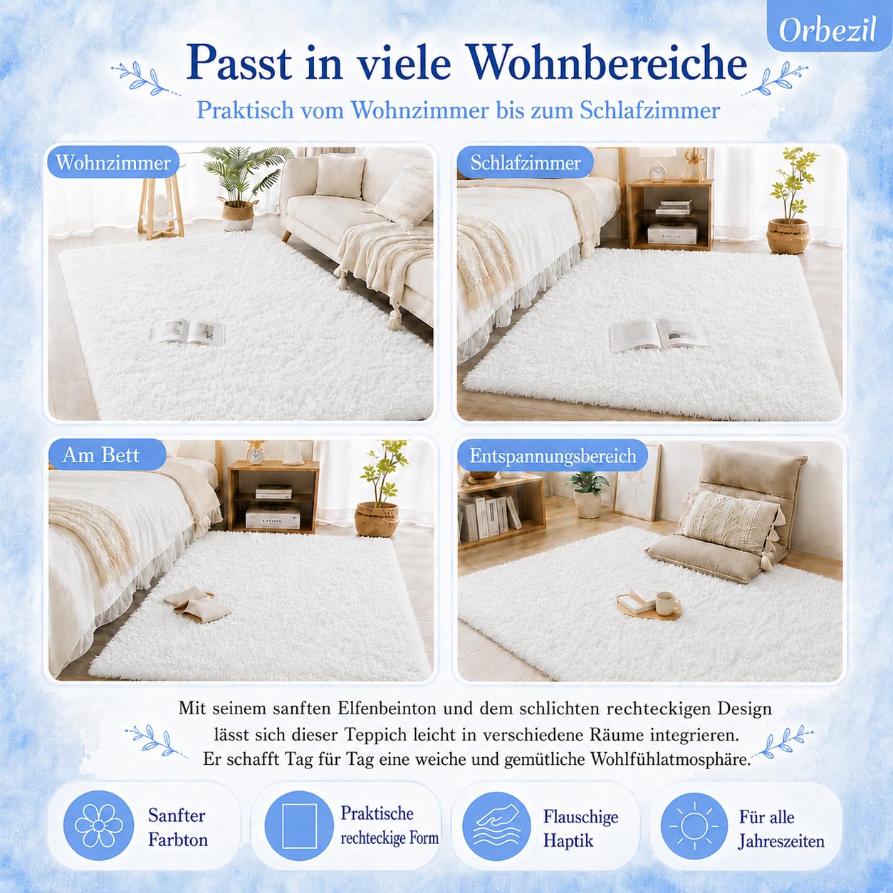 Hochflor Teppich Weiß 200 x 300 cm, Flauschiger Waschbarer Shaggy Teppich mit Anti-Rutsch-Unterseite, Leichtgewichtiger Langflor-Kuschelteppich für Wohnzimmer, Schlafzimmer und Kinderzimmer