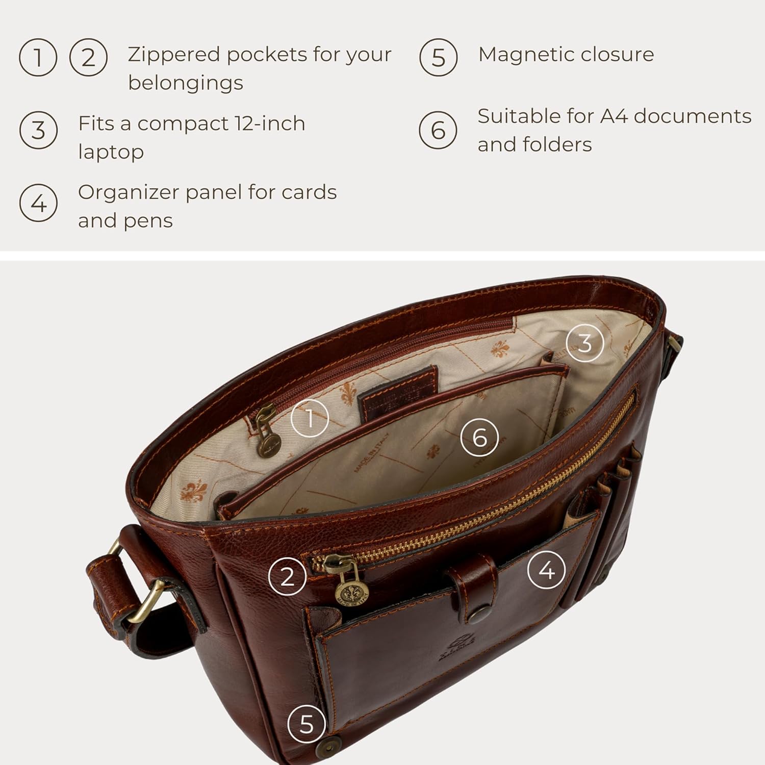 Time Resistance Leather Messenger Bag for Men, Handmade Crossbody Bag, Shoulder Bag Made in Italy