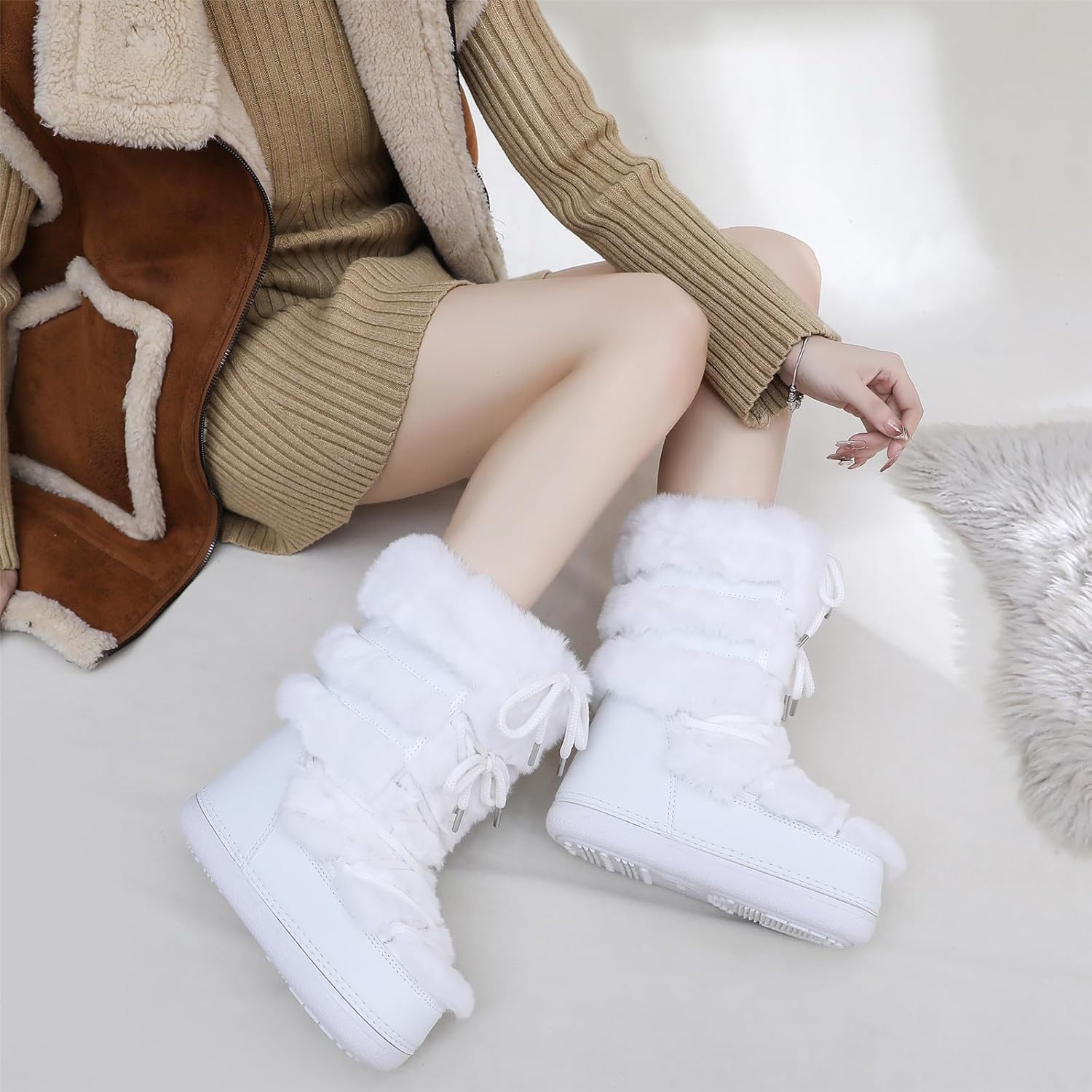 Furry Faux Fur Boots for Women - Fuzzy Winter Snow Boots - Fluffy Black White Pink Fur Boots - Lace-up Mid-Calf Water-Resistant Platform Boots - Image 8