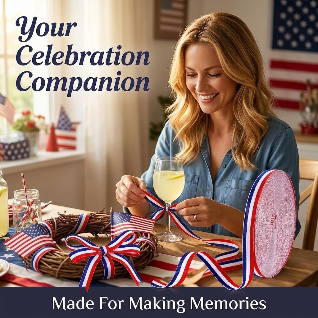 Patriotic Red White Blue Striped Grosgrain Ribbon, 3/8-Inch x 50-Yard, American Flag Style Fabric Ribbon for Memorial Day Gift Wrapping, 4th of July Party Decoration, DIY Crafting & Sewing Accessories