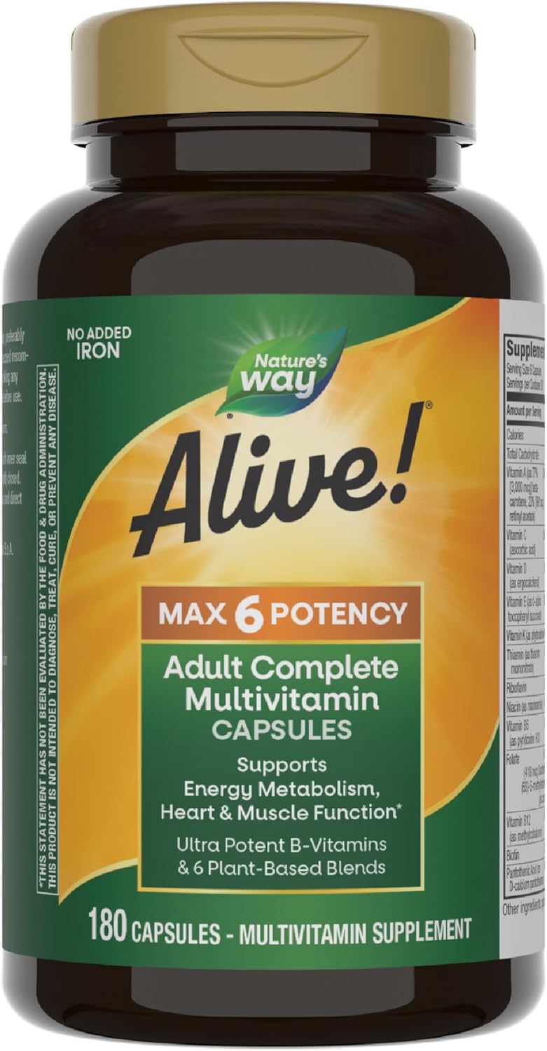 Nature's Way Alive! Max6 Potency Adult Complete Multivitamin, Vitamins A,C, E & B-Vitamins, Methyl B12 & Folate, Supports Heart & Muscle Function and Energy Metabolism*, No Added Iron, 180 Capsules